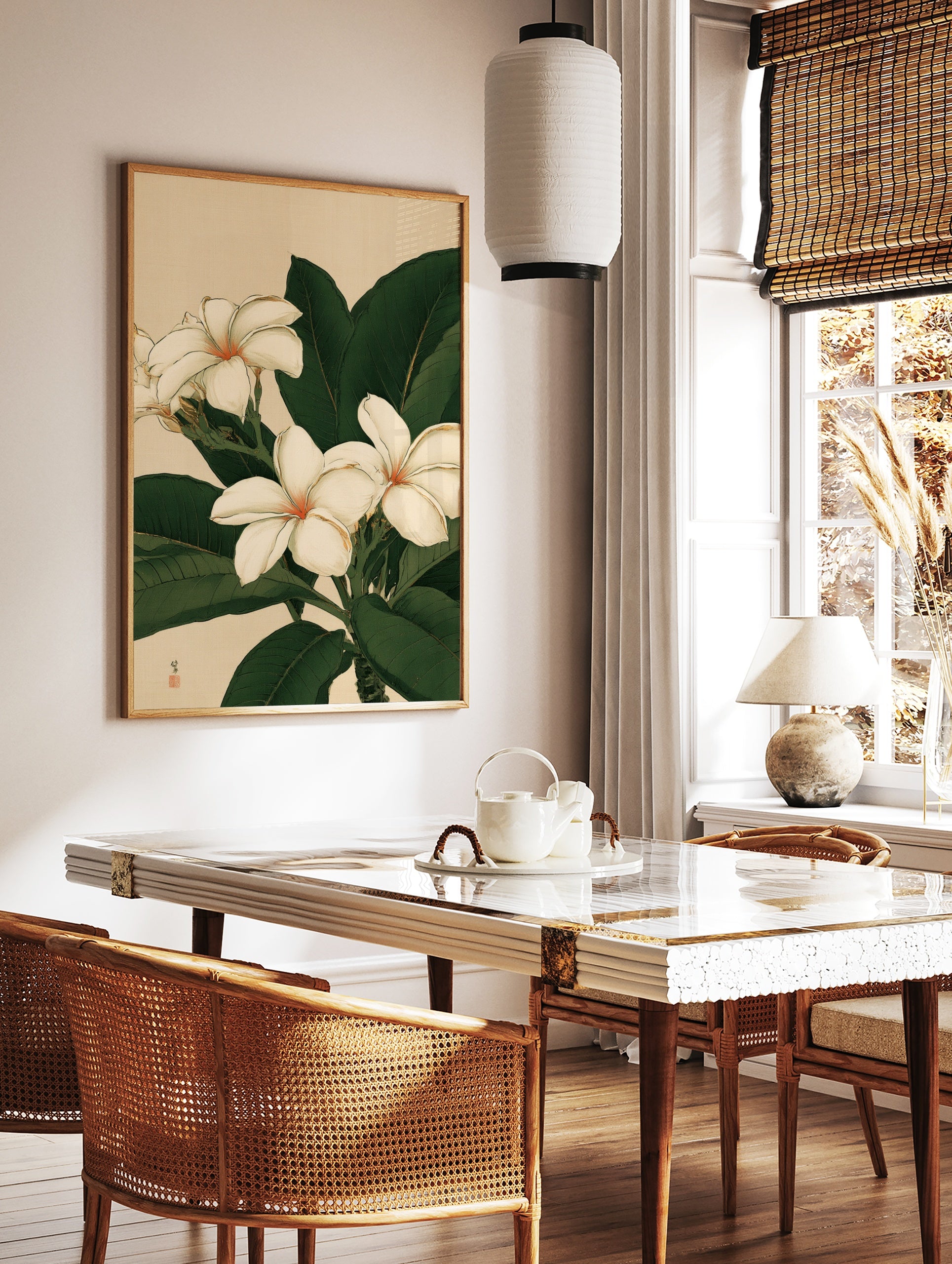 Botanical illustration of white plumeria flowers with green leaves on a neutral background, in a styled room mockup