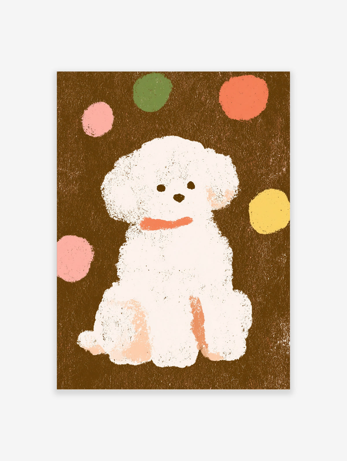 White poodle dog art print with colourful spots on brown background, textured illustration