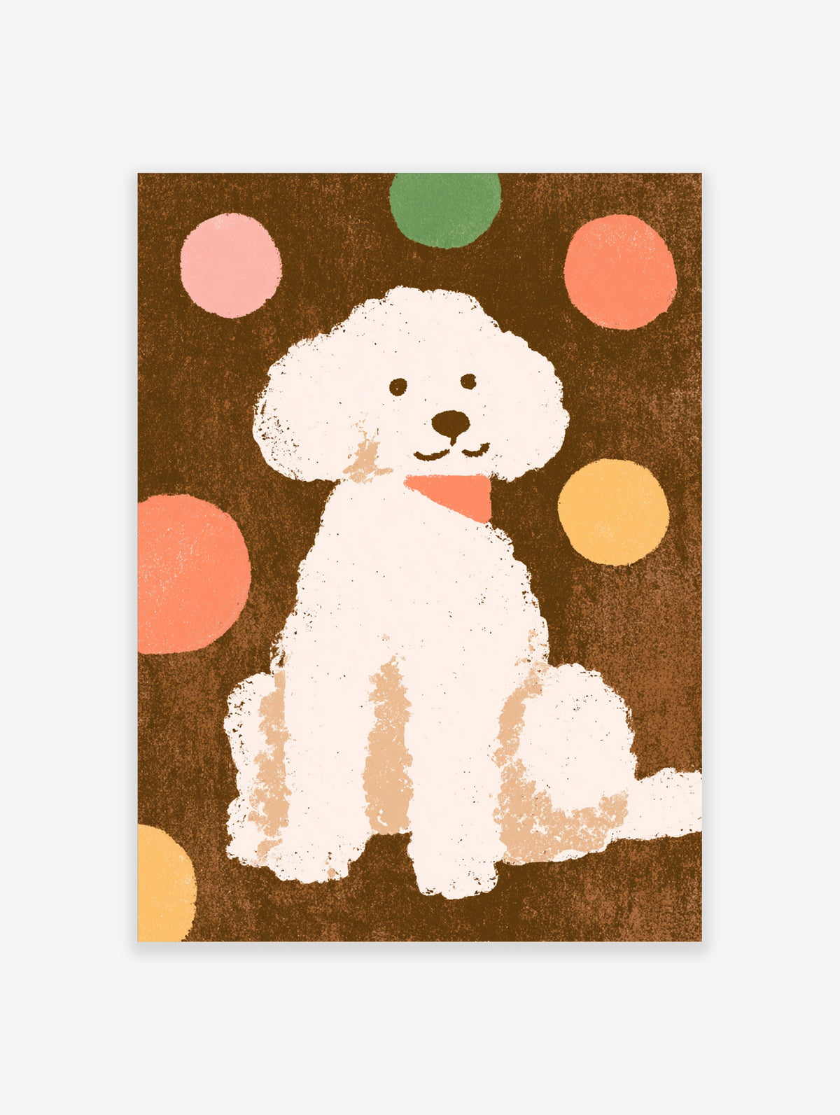 White poodle dog illustration with coral neckerchief on brown background with colourful polka dots