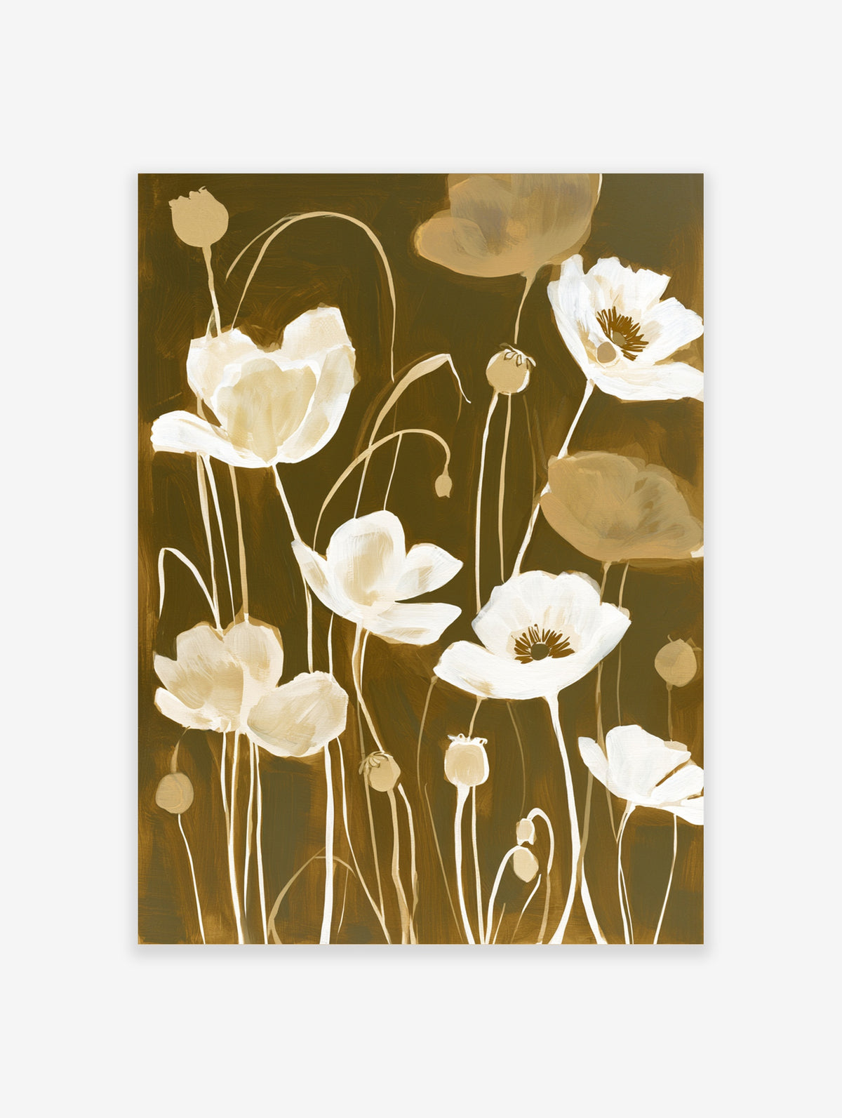 White poppy flower botanical art print with open blooms and seed pods on olive-brown background