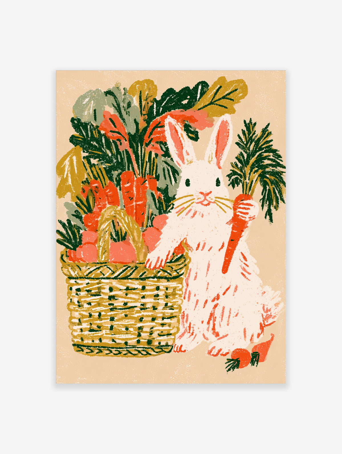 White rabbit holding a carrot beside a woven basket of vegetables, illustrated in orange and green on a beige background