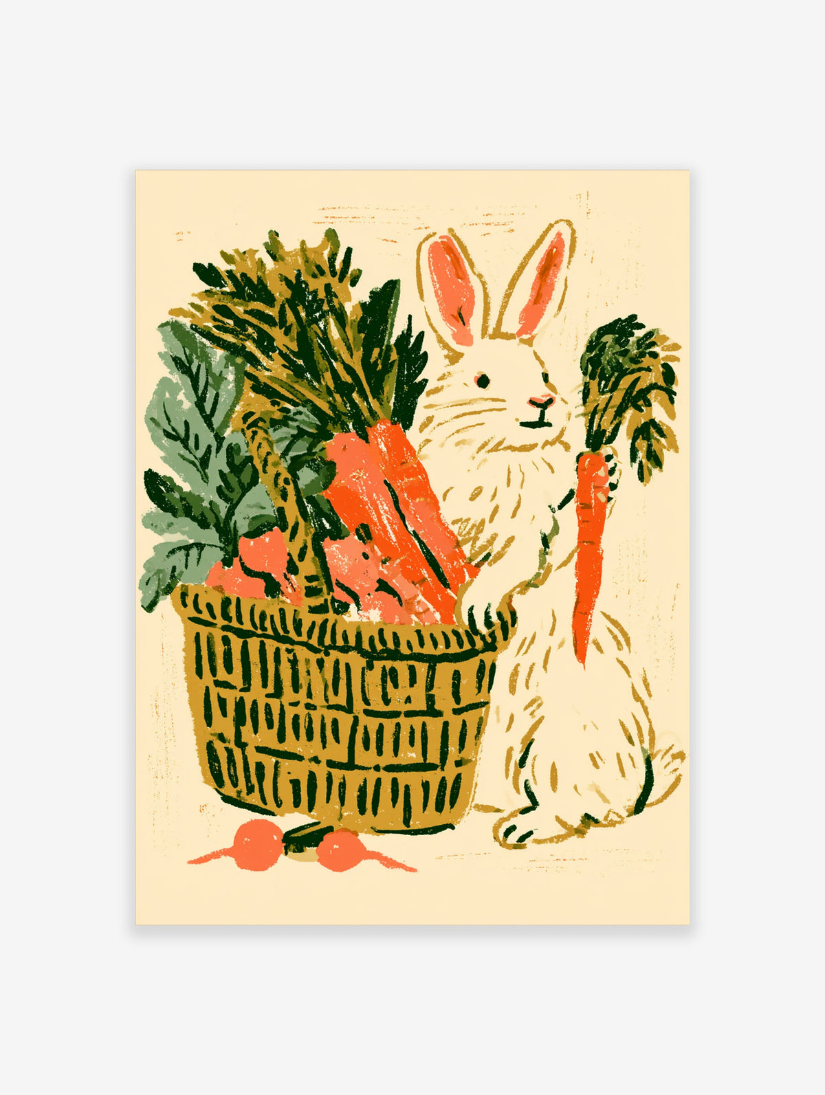 White rabbit holding a carrot beside a woven basket of carrots illustration art print
