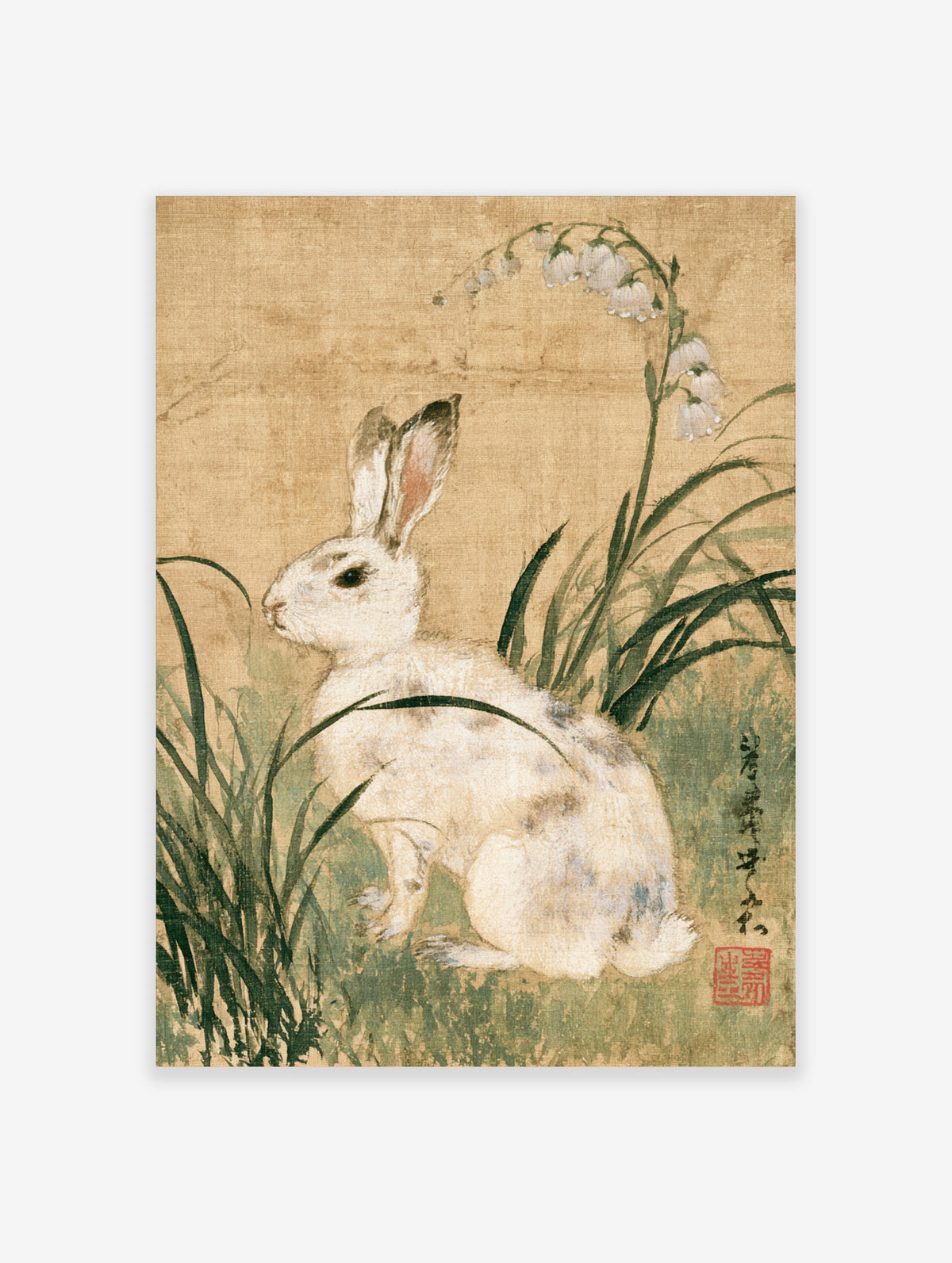 White rabbit sitting in green grass with lily of the valley flowers, Japanese ink style animal poster