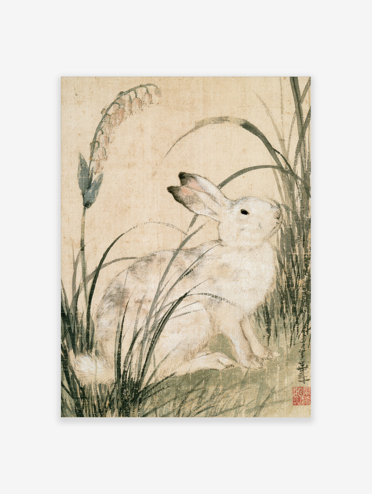 White rabbit sitting among tall grass and pink bell flowers in Japanese ink style art print