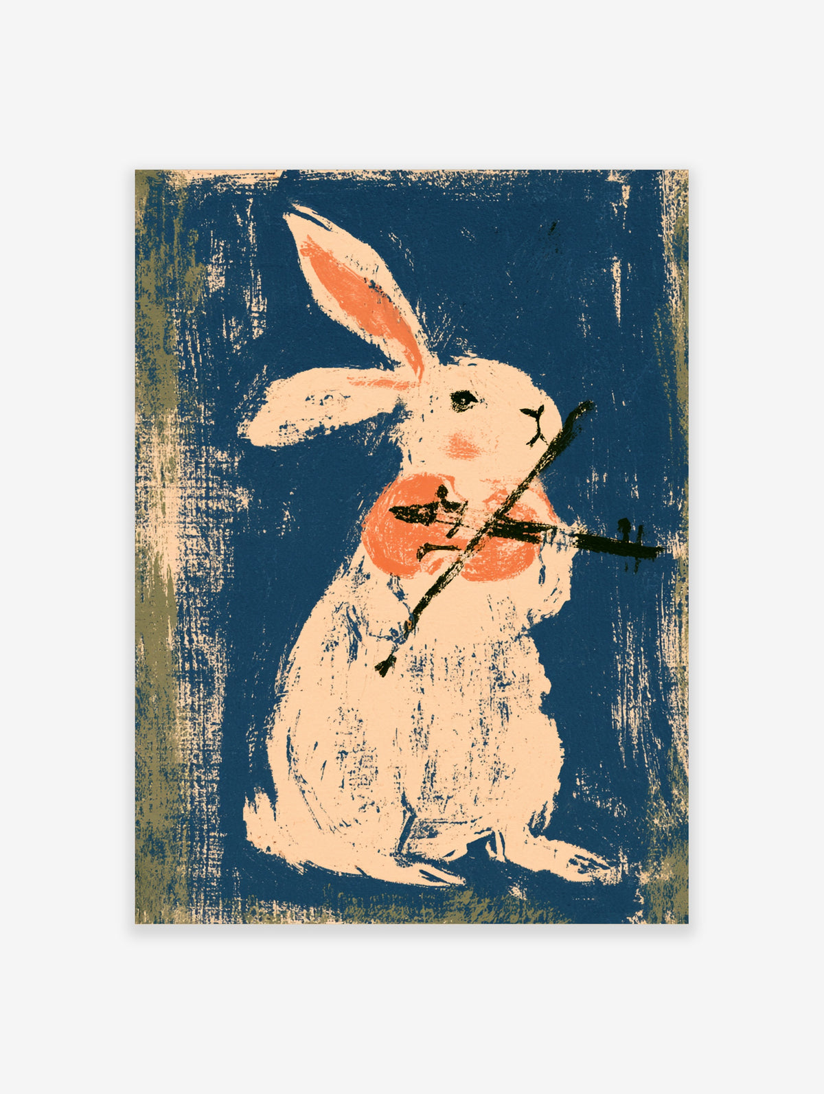 White rabbit playing violin on dark blue textured background art print