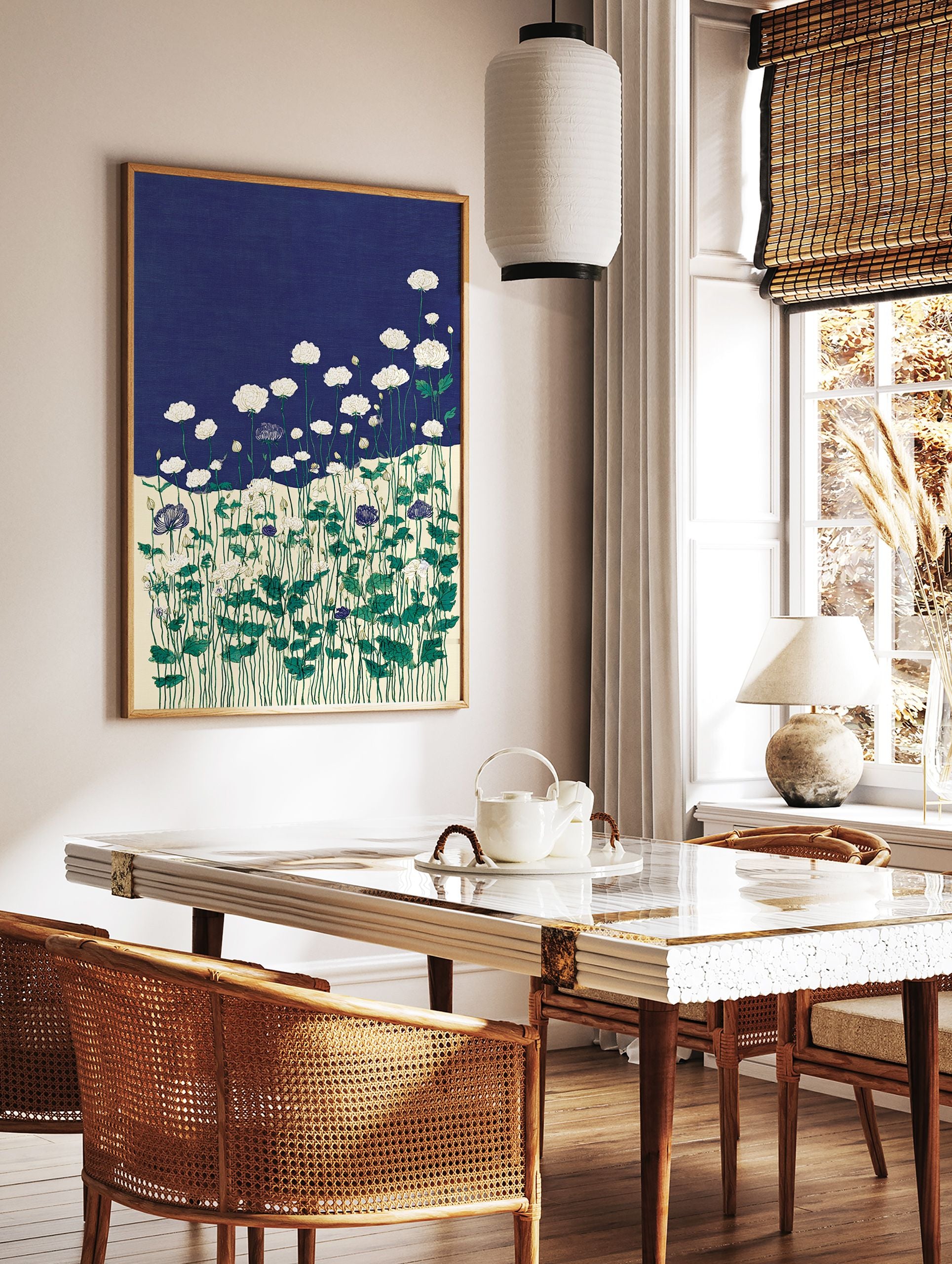 Illustrative botanical wall art print with white ranunculus flowers, green stems, and dark blue accent flowers on a navy background. - Image 2