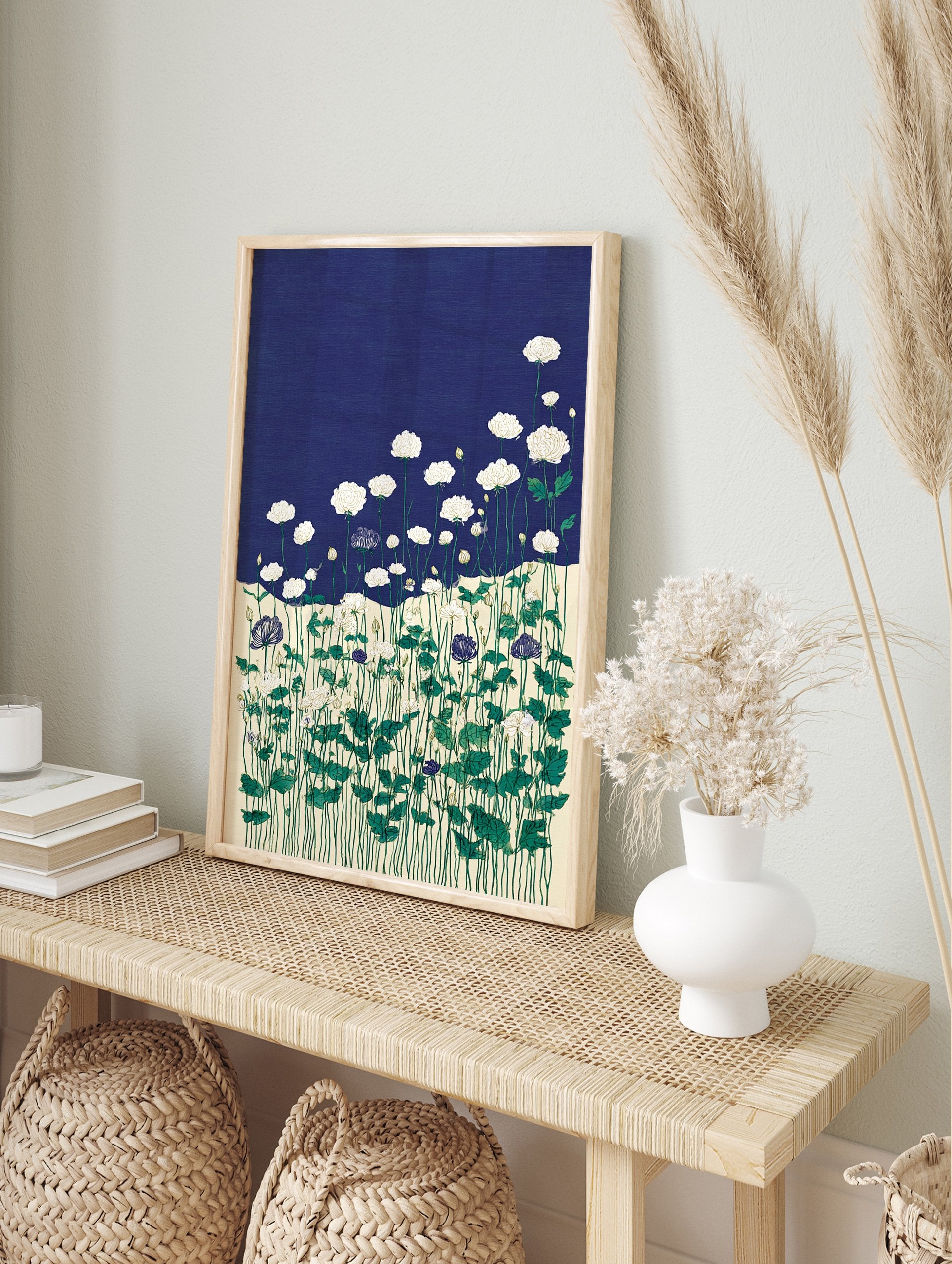 Illustrative botanical wall art print with white ranunculus flowers, green stems, and dark blue accent flowers on a navy background. - Image 3