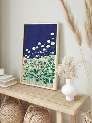 Illustrative botanical wall art print with white ranunculus flowers, green stems, and dark blue accent flowers on a navy background. - Image 3