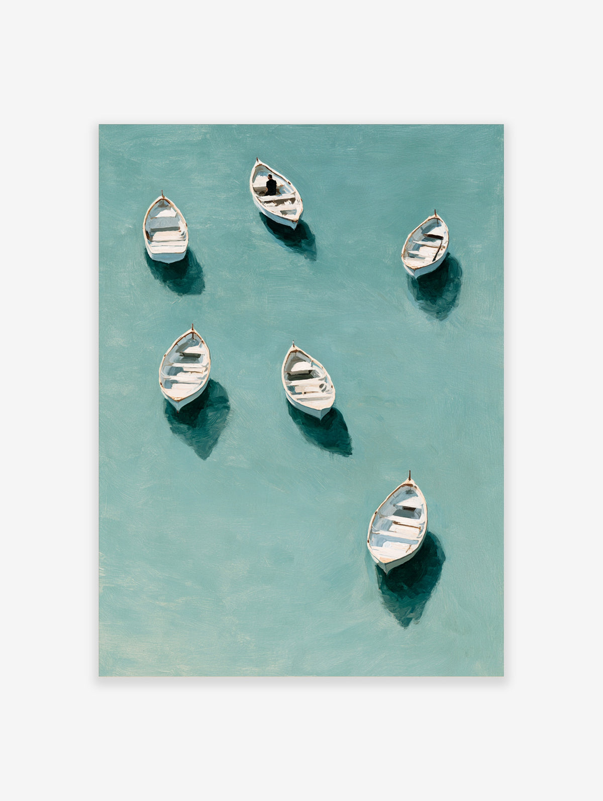 Overhead view of six white row boats on teal water with one seated figure
