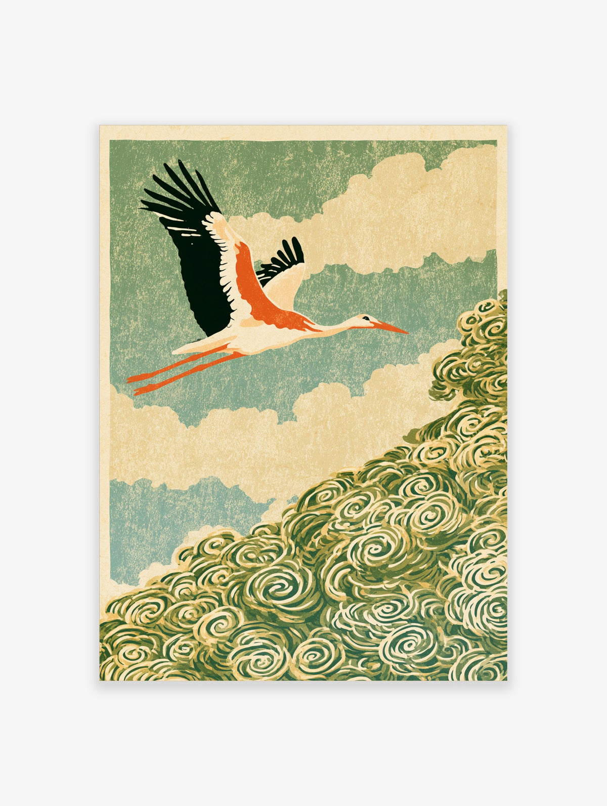 White stork in flight illustration with black wing tips and orange beak against green sky and cream clouds