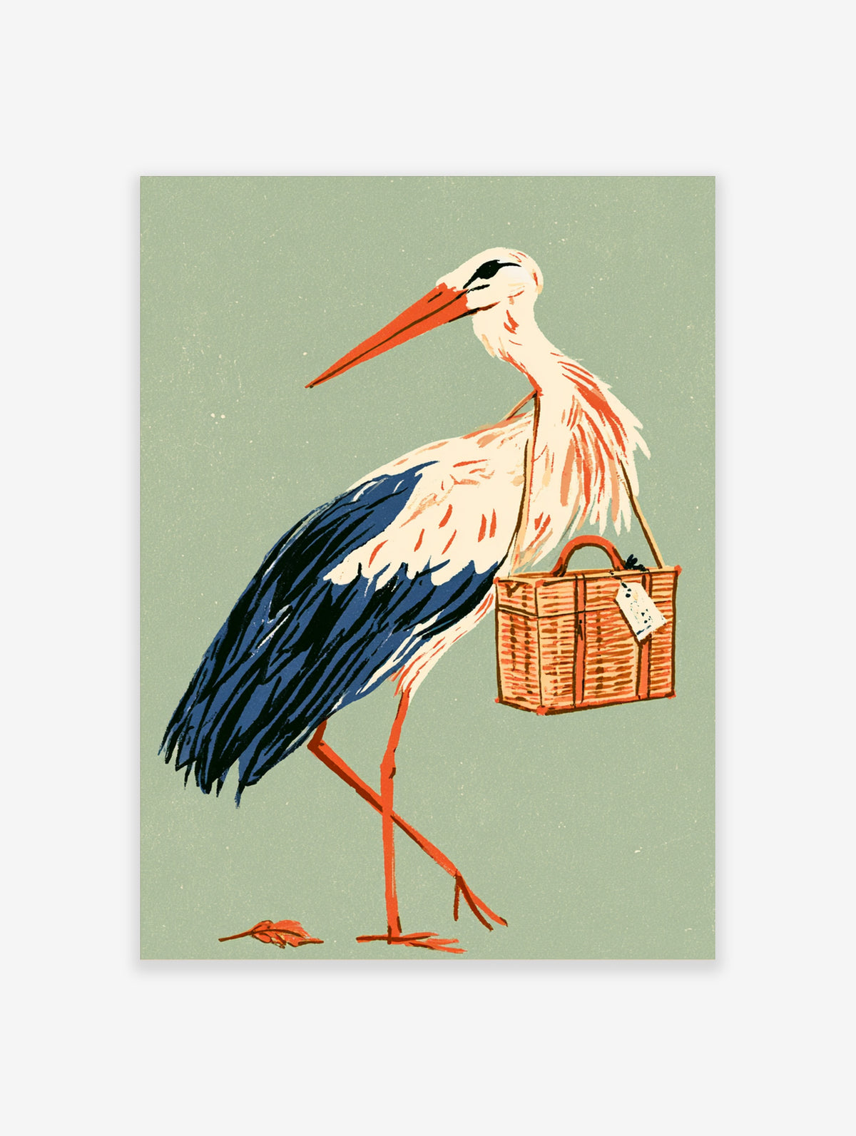 White stork illustration carrying a woven basket, blue wing feathers, muted green background