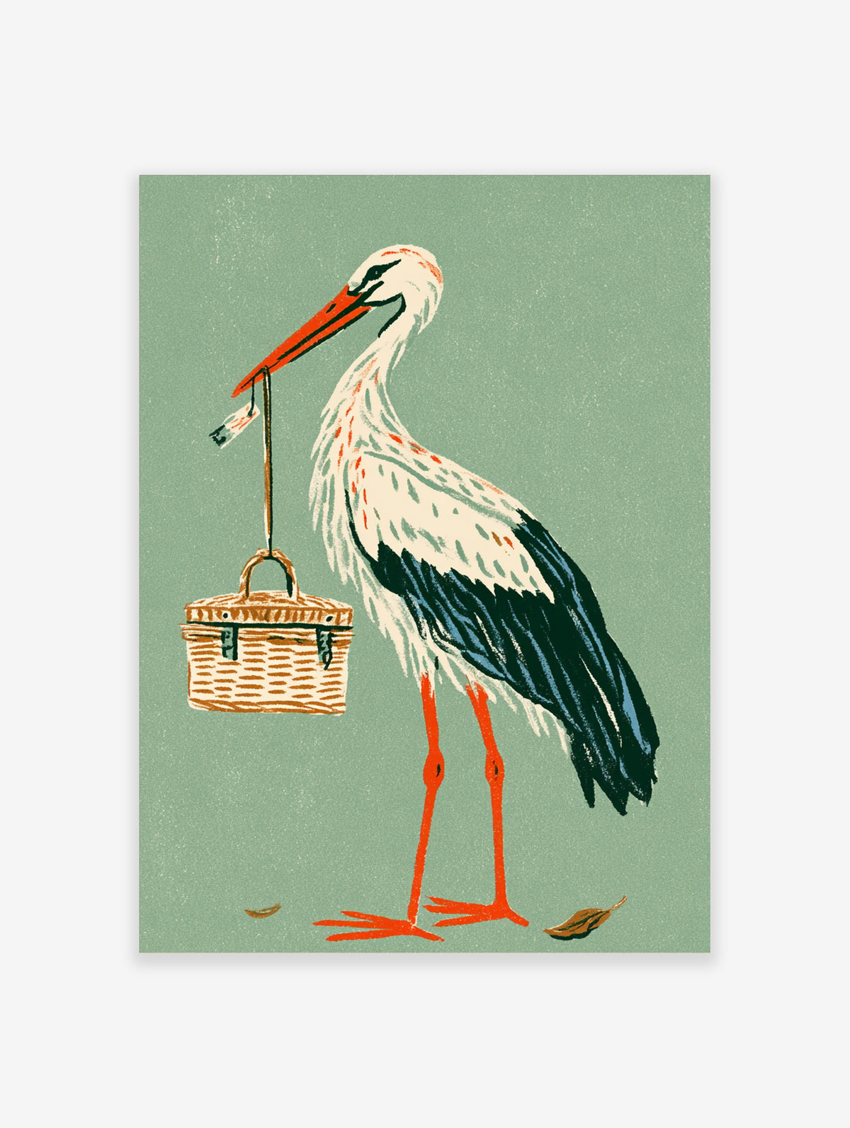 White stork holding a woven basket in its beak, standing on a sage green background