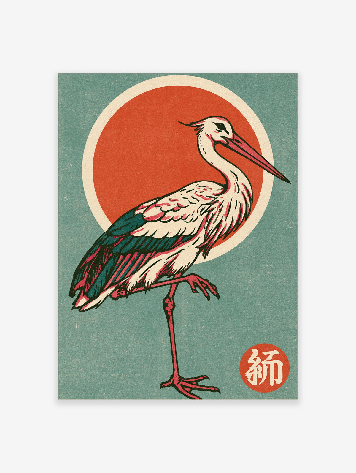 White stork standing on one leg with red sun circle, teal wings, and kanji on green background
