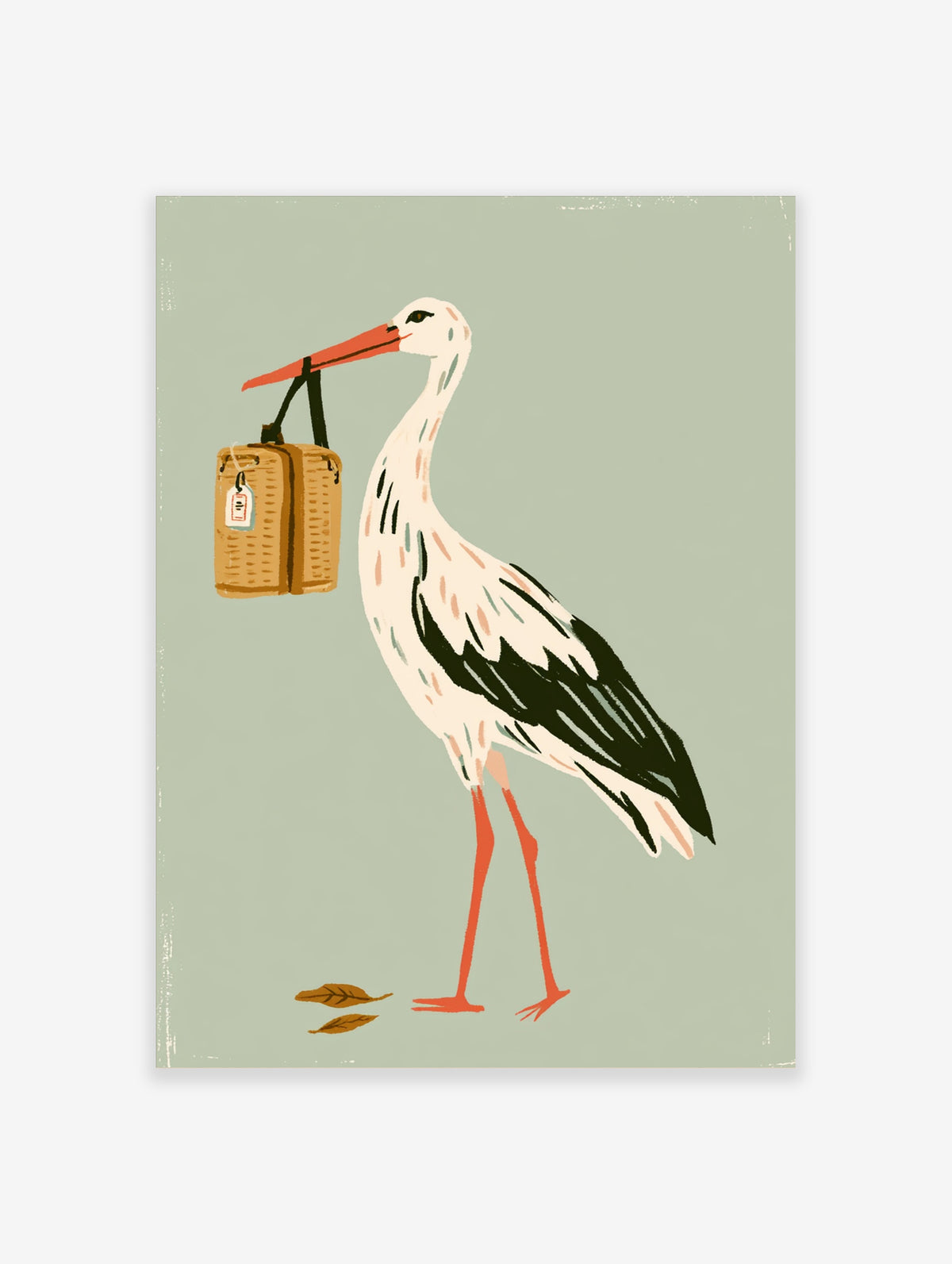 White stork carrying a woven basket with a tag in its beak, standing on a muted green background