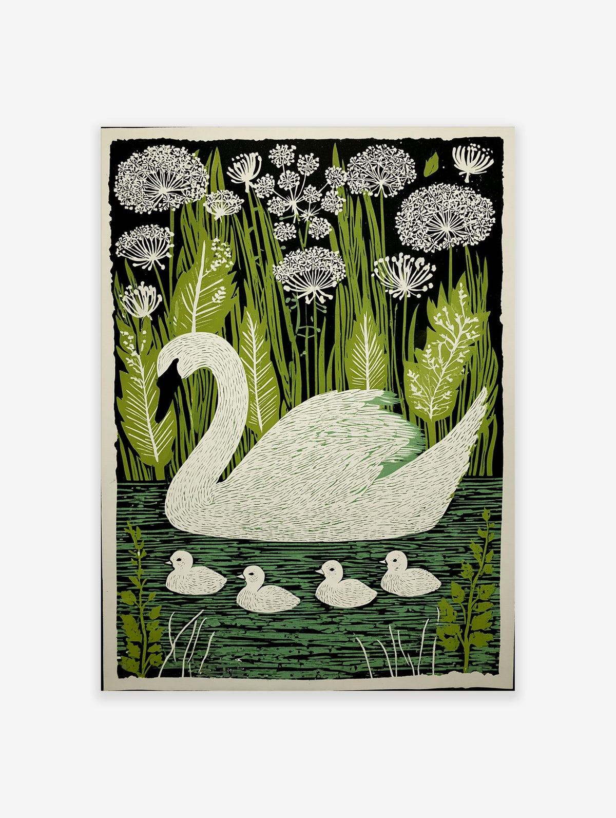 Illustrative white swan and four cygnets swimming in green water, surrounded by green reeds and white flowers