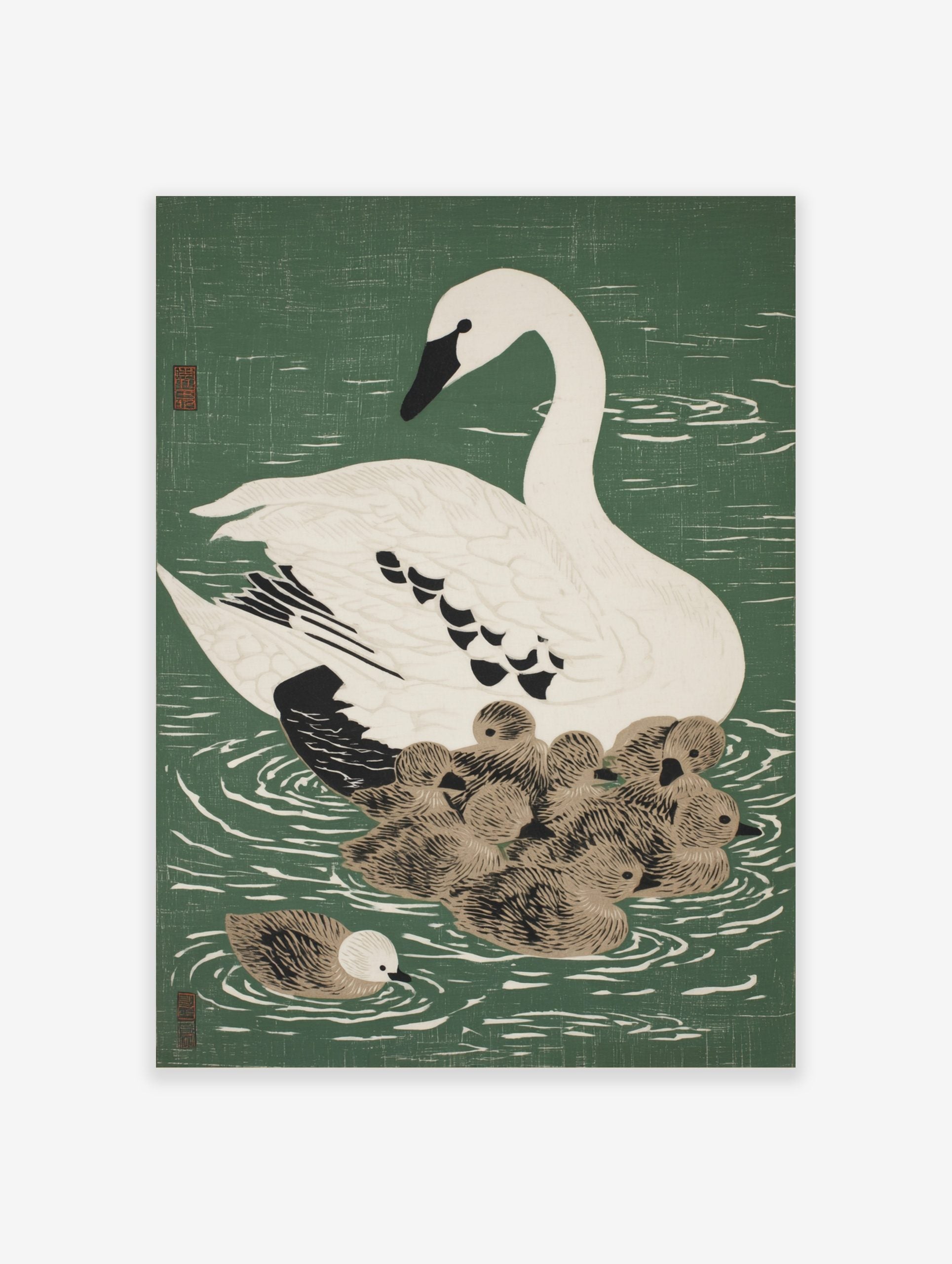 White swan with black beak and eye swimming with a cluster of brown cygnets on green water, woodblock style print