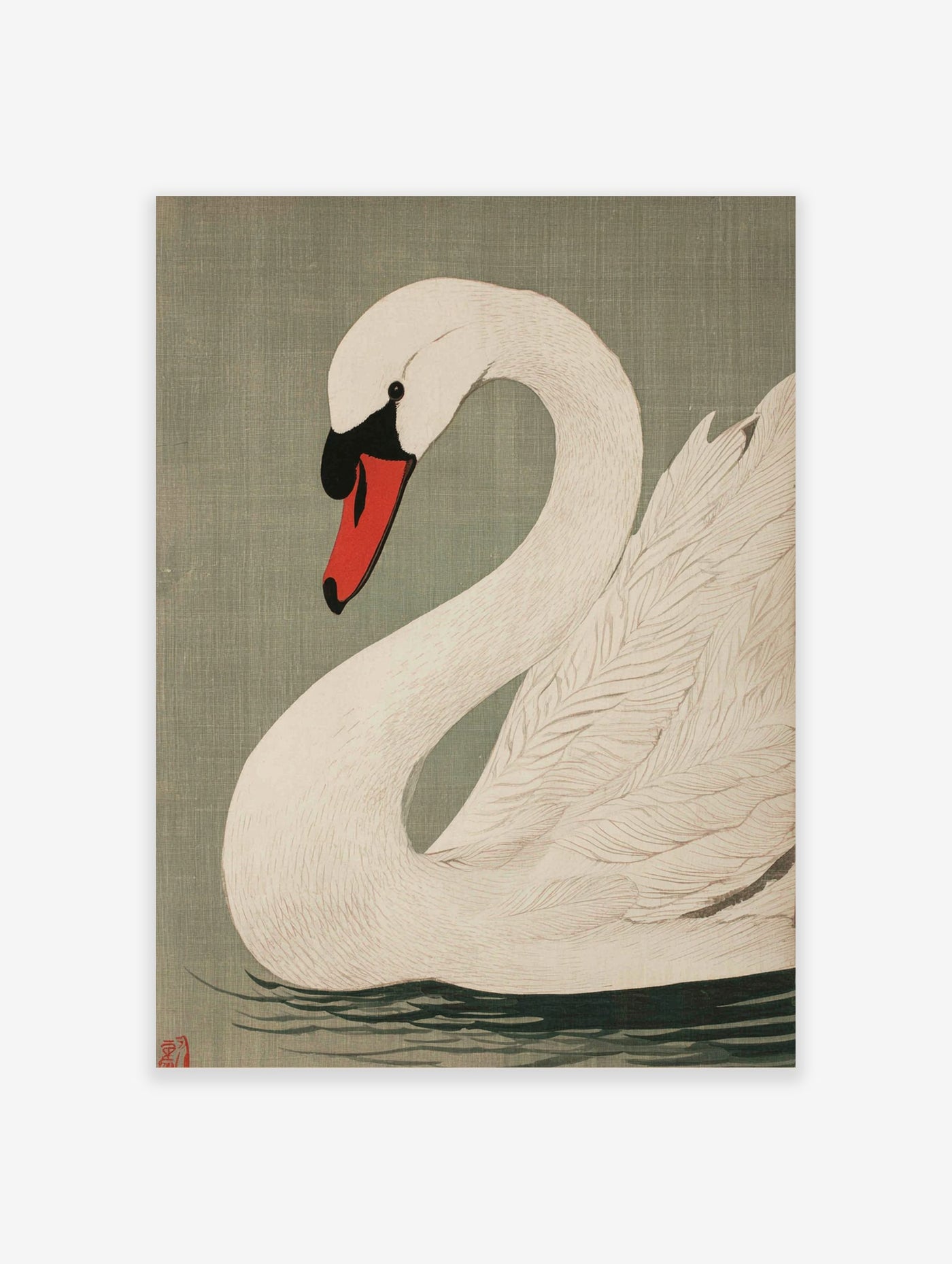 White swan woodblock style art print with red and black beak, on sage green background