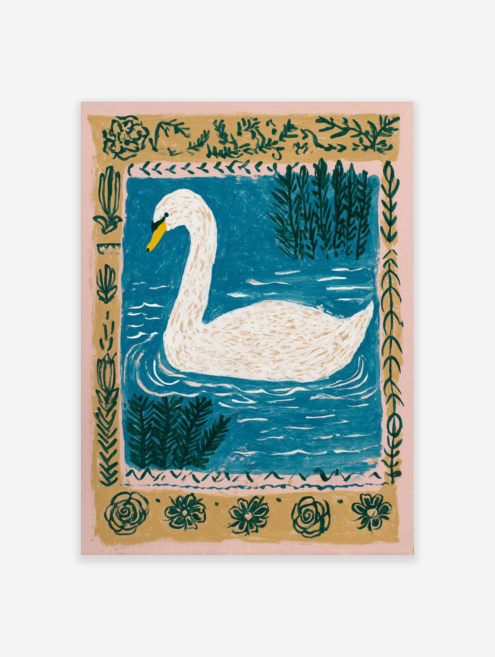 White swan with yellow beak swimming in blue water with green reeds and an ornate botanical border