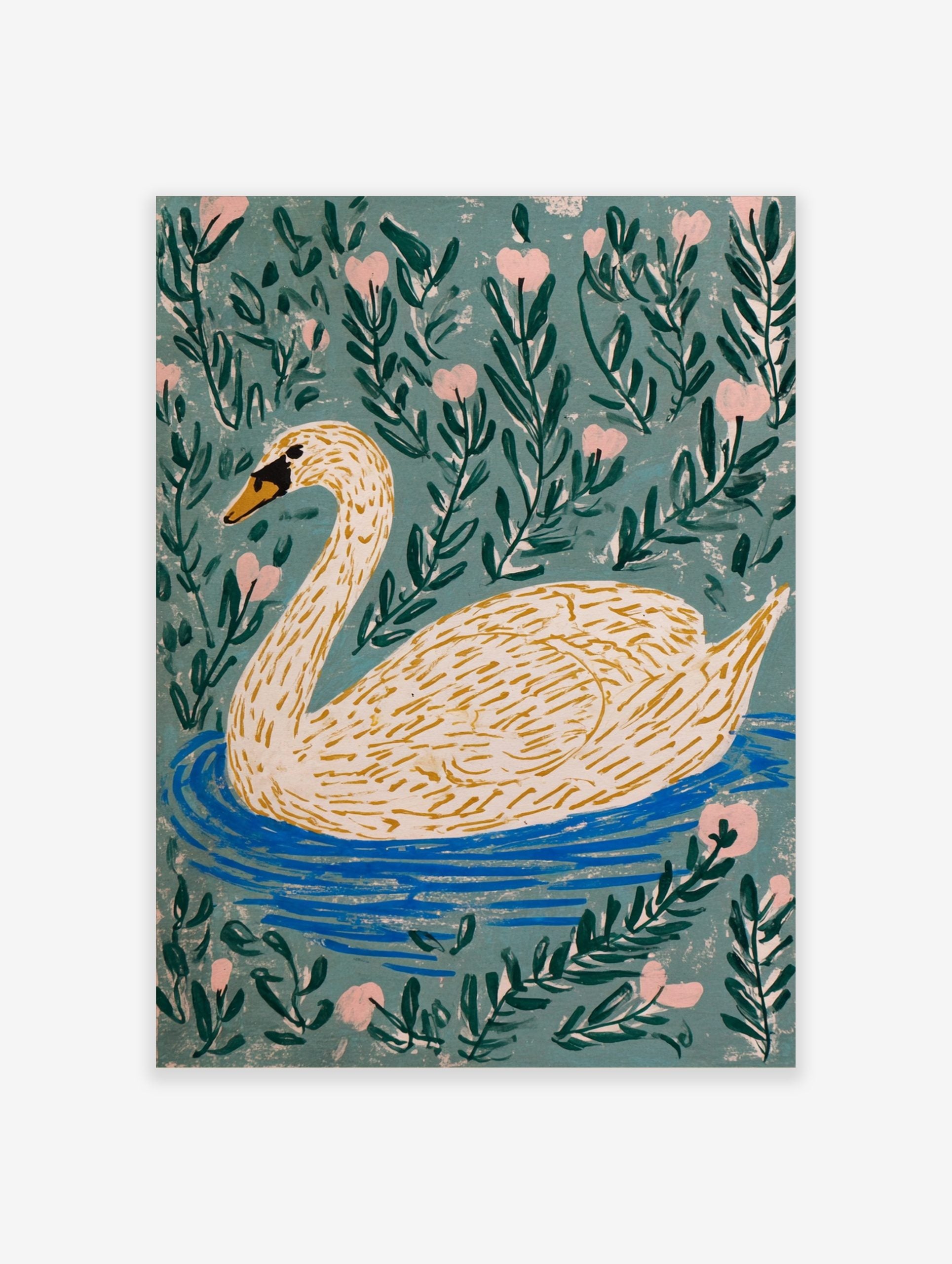 Illustrative white swan with orange beak swimming in blue water, surrounded by green leaves and pink heart flowers