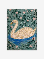 Illustrative white swan with orange beak swimming in blue water, surrounded by green leaves and pink heart flowers