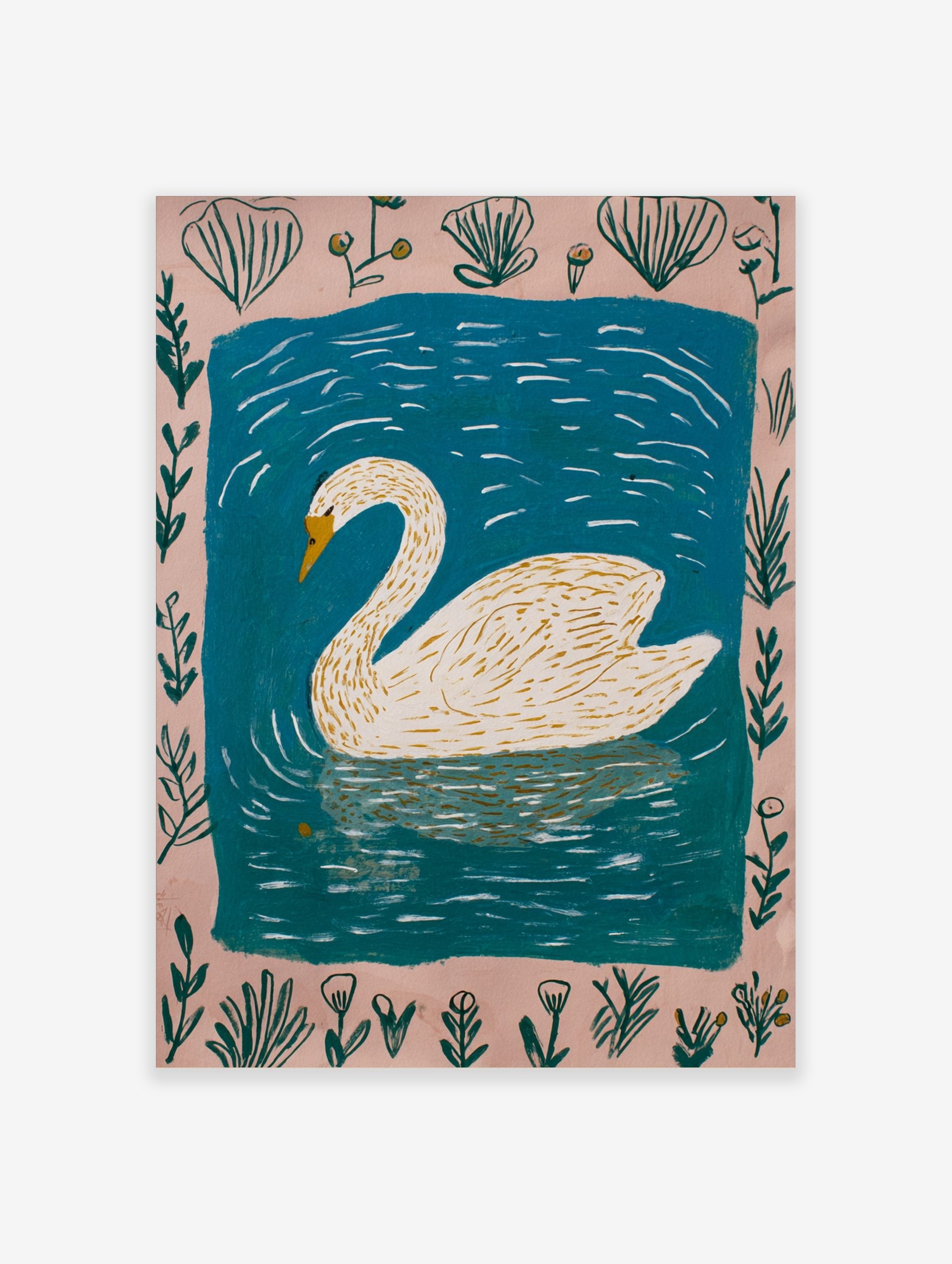 Illustrative white swan with yellow beak swimming in blue water, framed by a pale pink botanical border