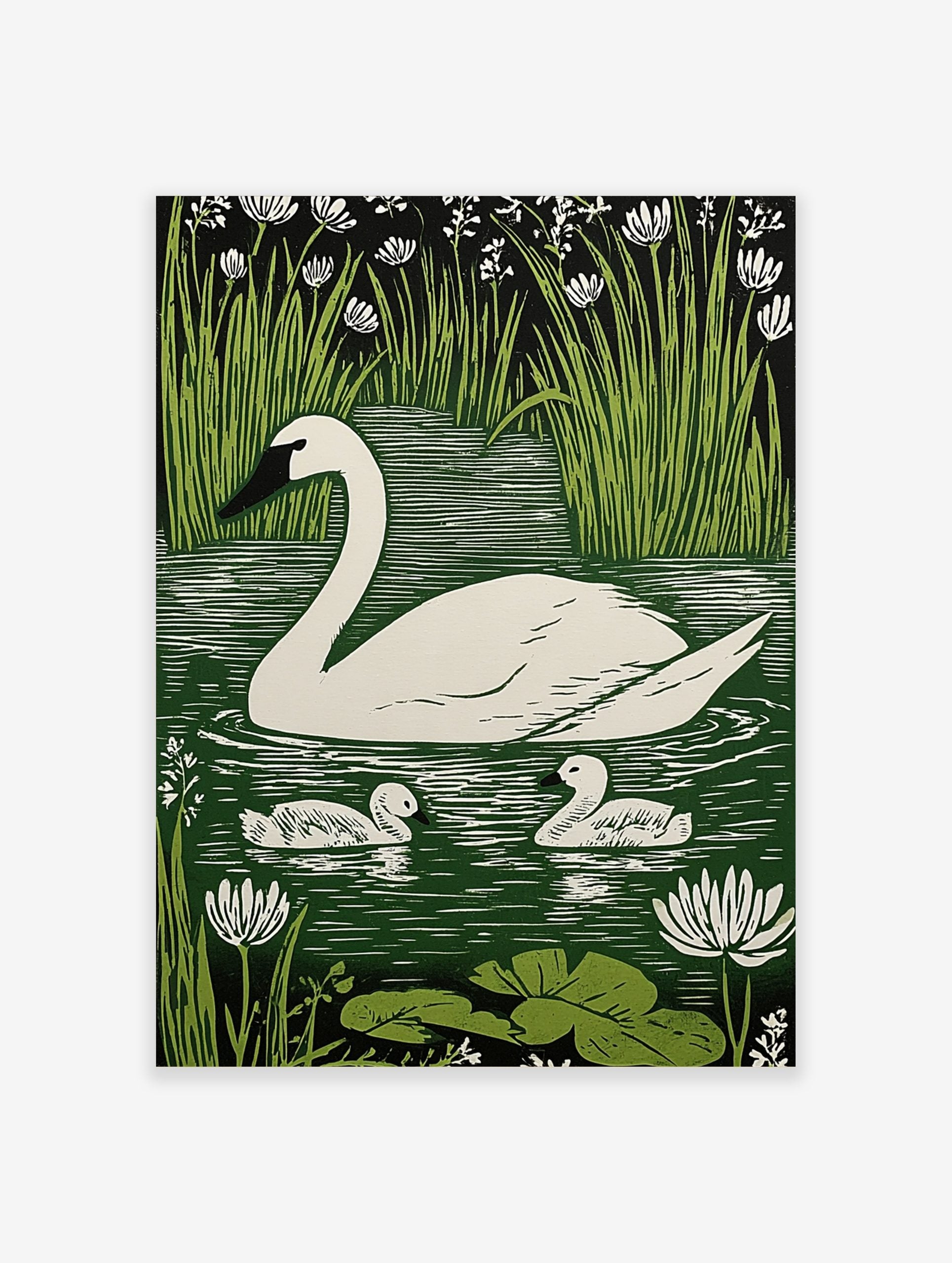 White swan and two cygnets on green water with reeds and white flowers in linocut print style