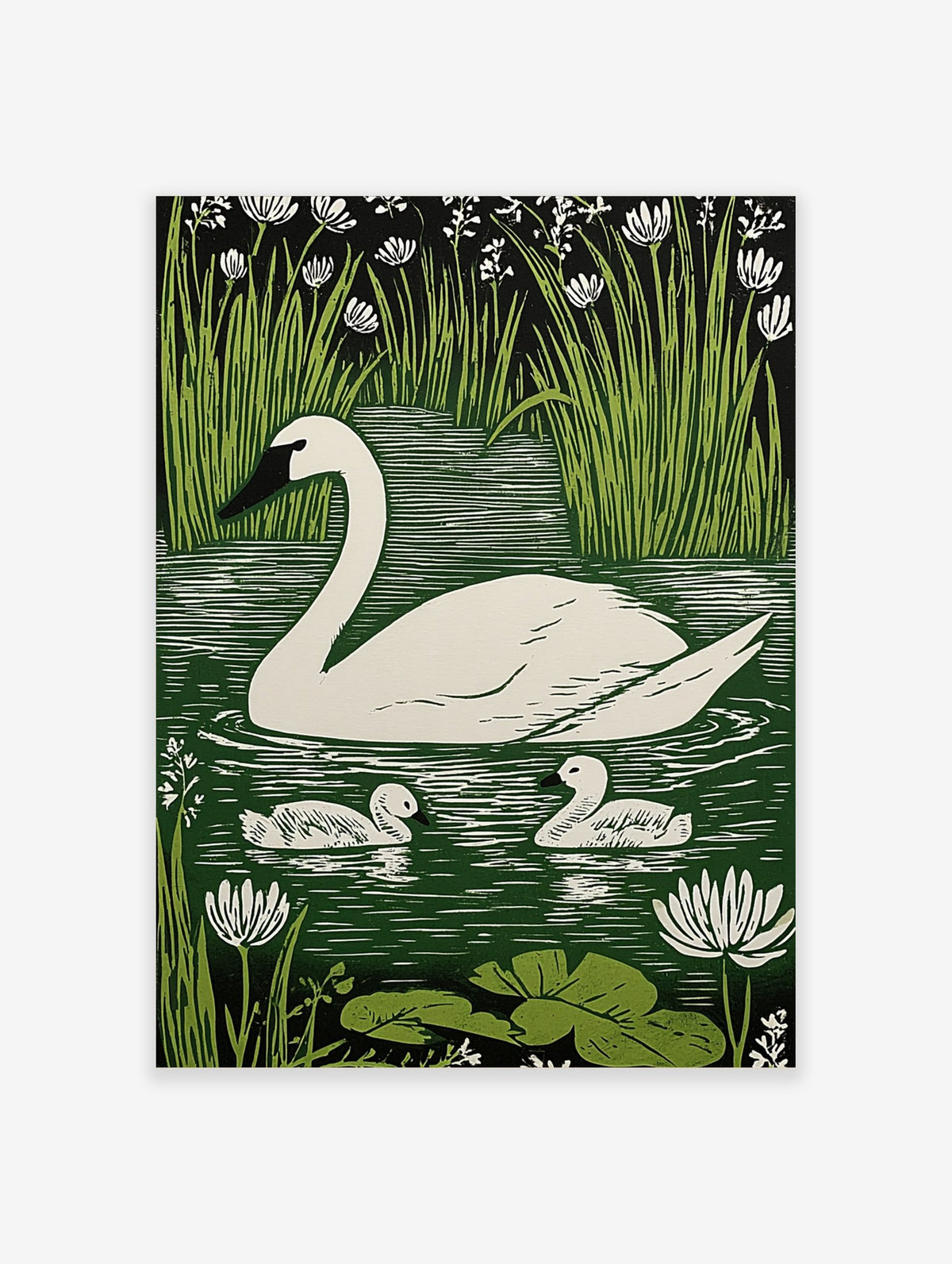 White swan and two cygnets on green water with reeds and white flowers in linocut print style