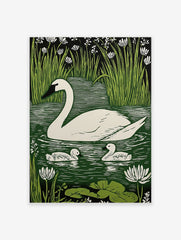 White swan and two cygnets on green water with reeds and white flowers in linocut print style