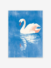 White swan with orange beak floating on textured blue water, with its reflection visible below