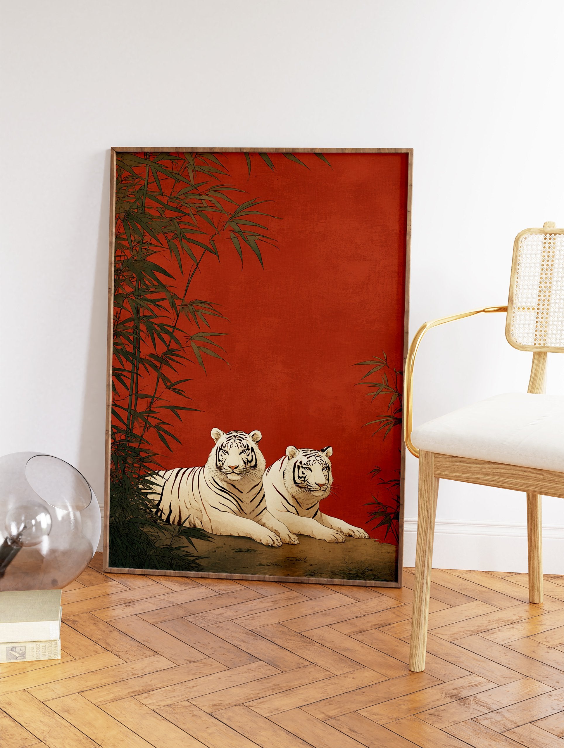 White tiger wall art with two white tigers in a bamboo forest against a red background, Asian illustration style. - Image 2