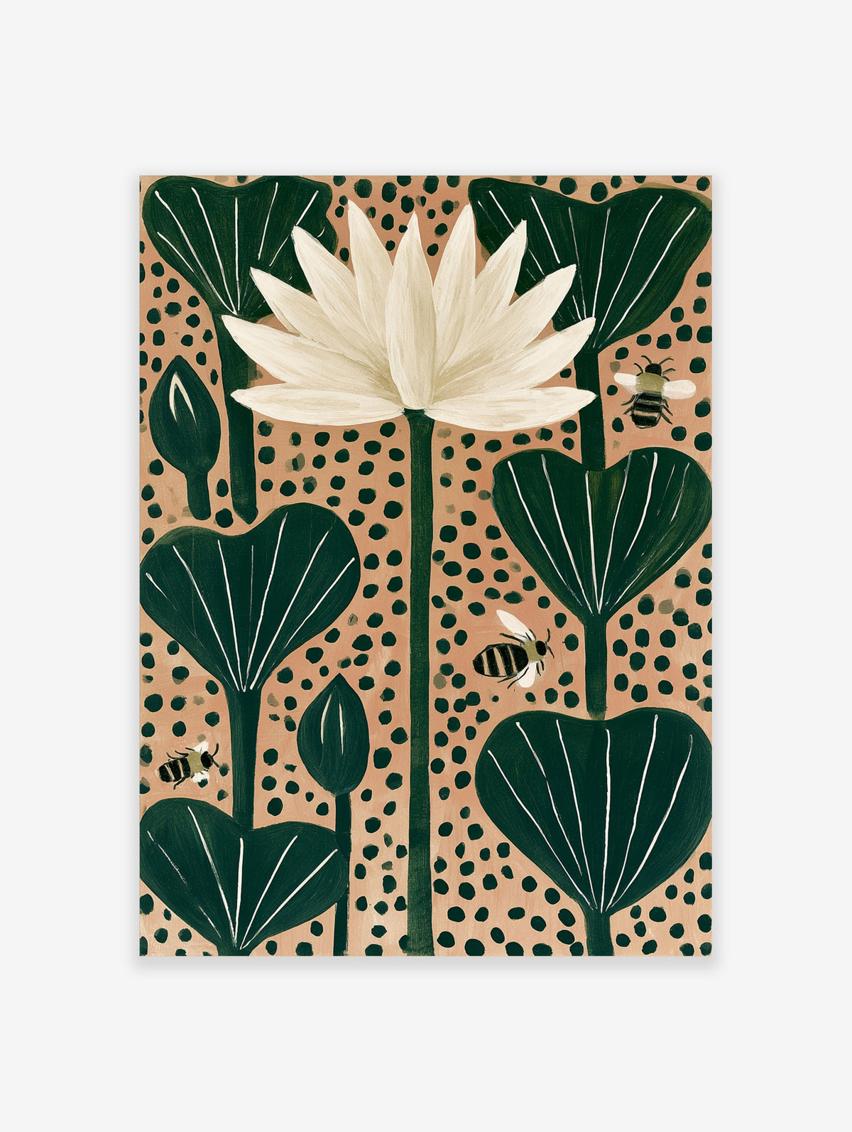 White water lily botanical art print with dark green leaves, seed pods, and three bees on a tan dotted background