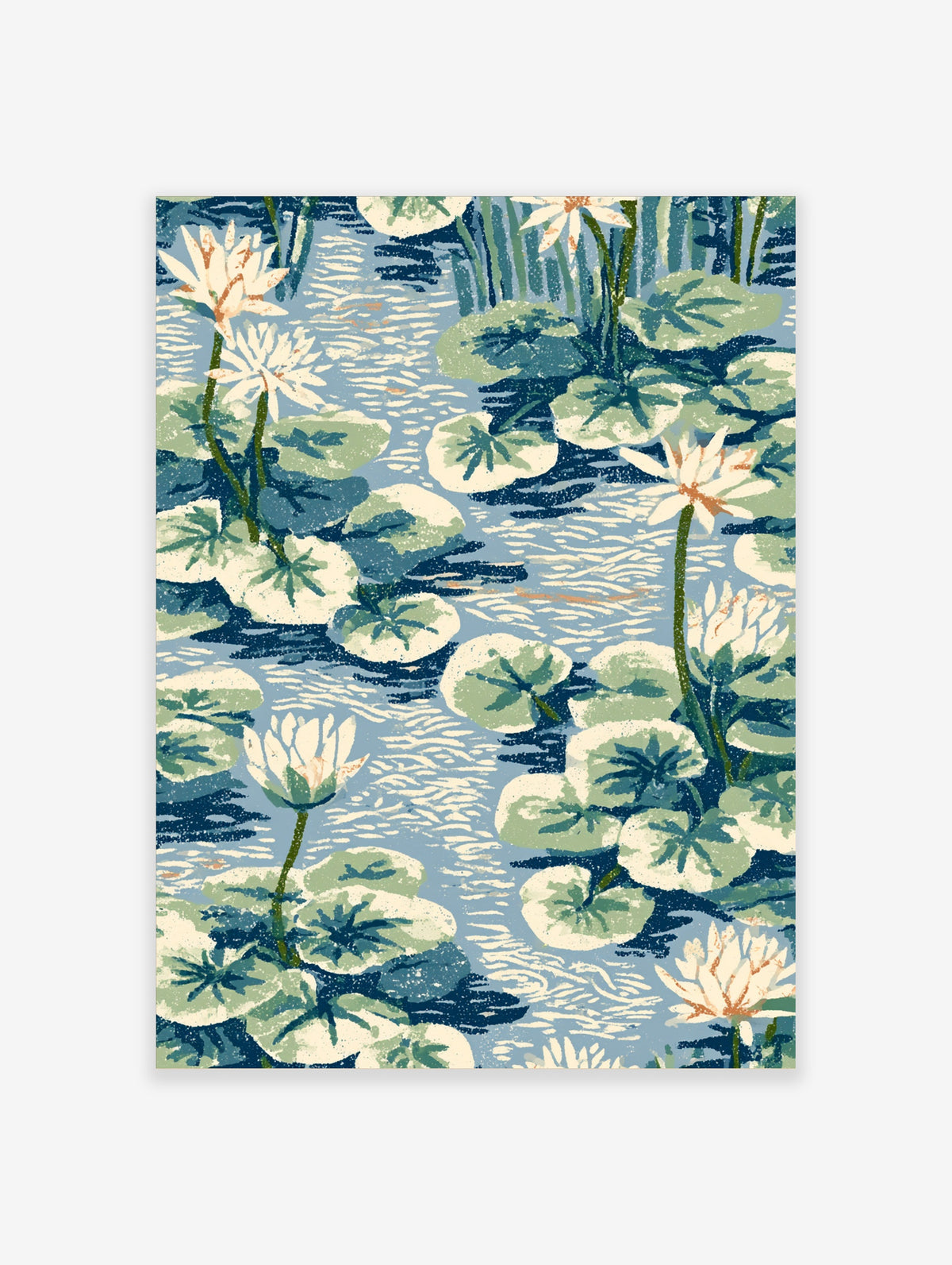 White water lily flowers and green lily pads on rippling blue water in a Japanese woodblock style art print