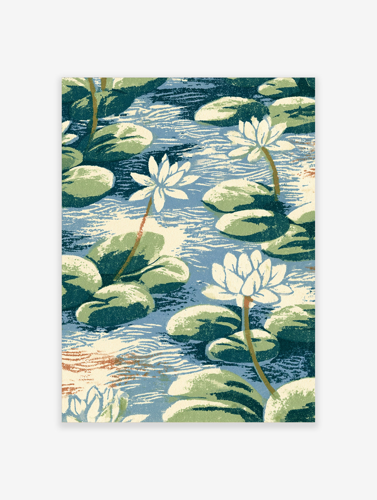 White water lily flowers and green lily pads on rippling blue water in a Japanese woodblock style pond print