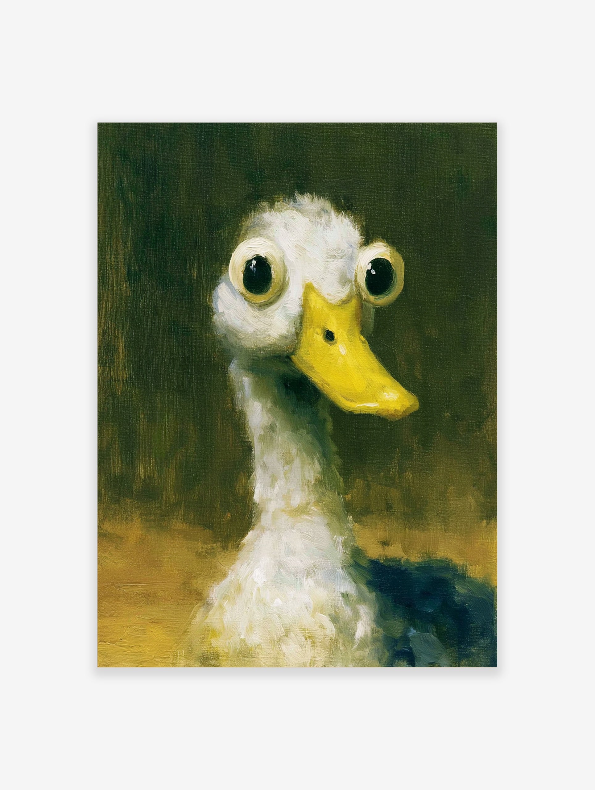 Quirky wide-eyed duck illustration with a yellow bill against a dark green background, art print