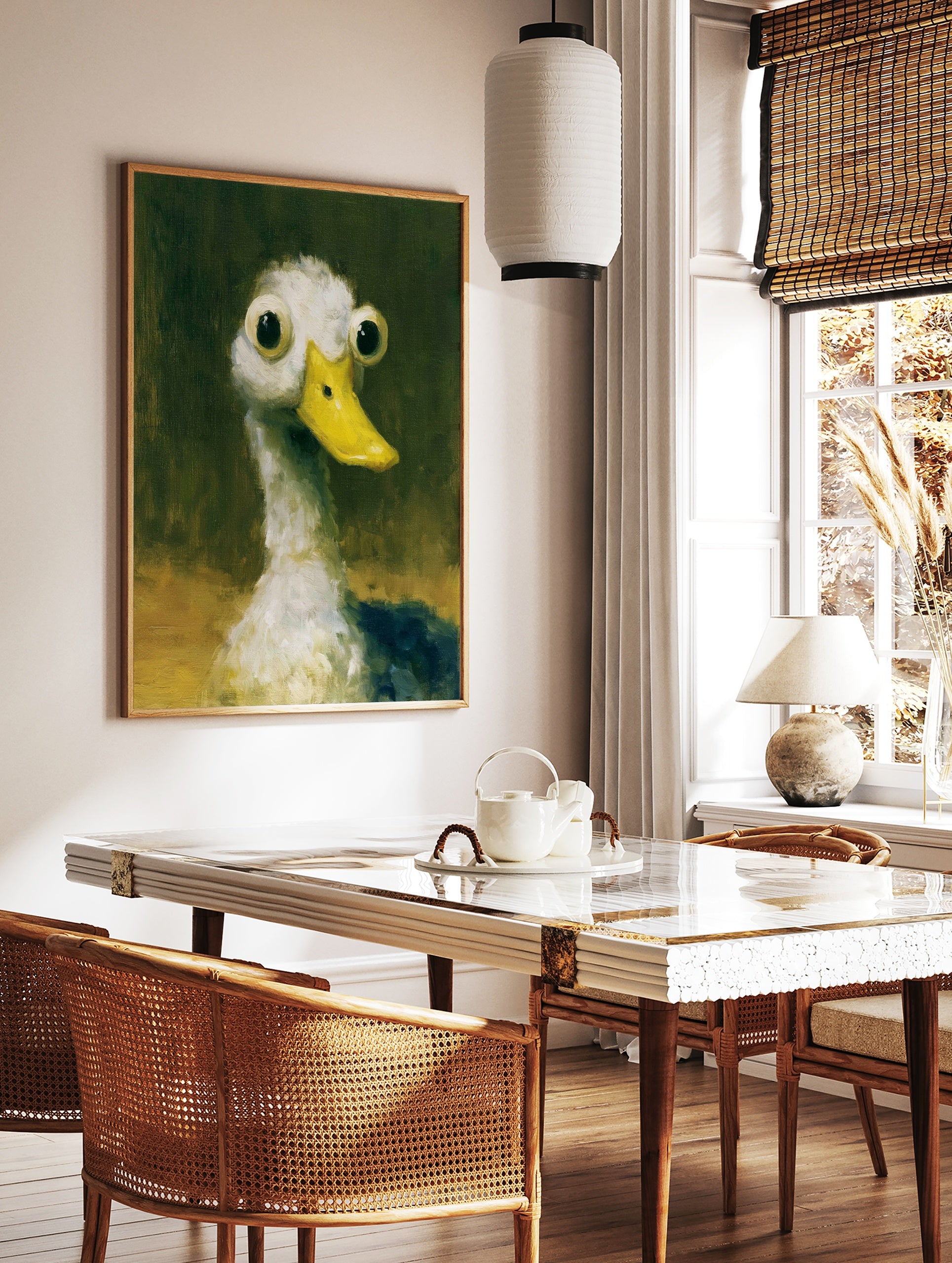 Quirky wide-eyed duck illustration with a yellow bill against a dark green background, art print, in a styled room mockup