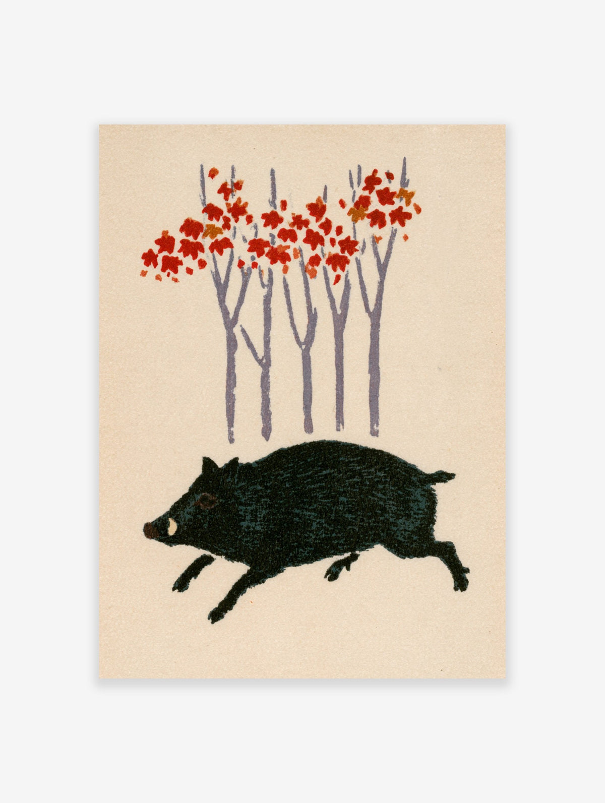 Wild boar illustration running under red-leafed trees on a neutral background, nature art print