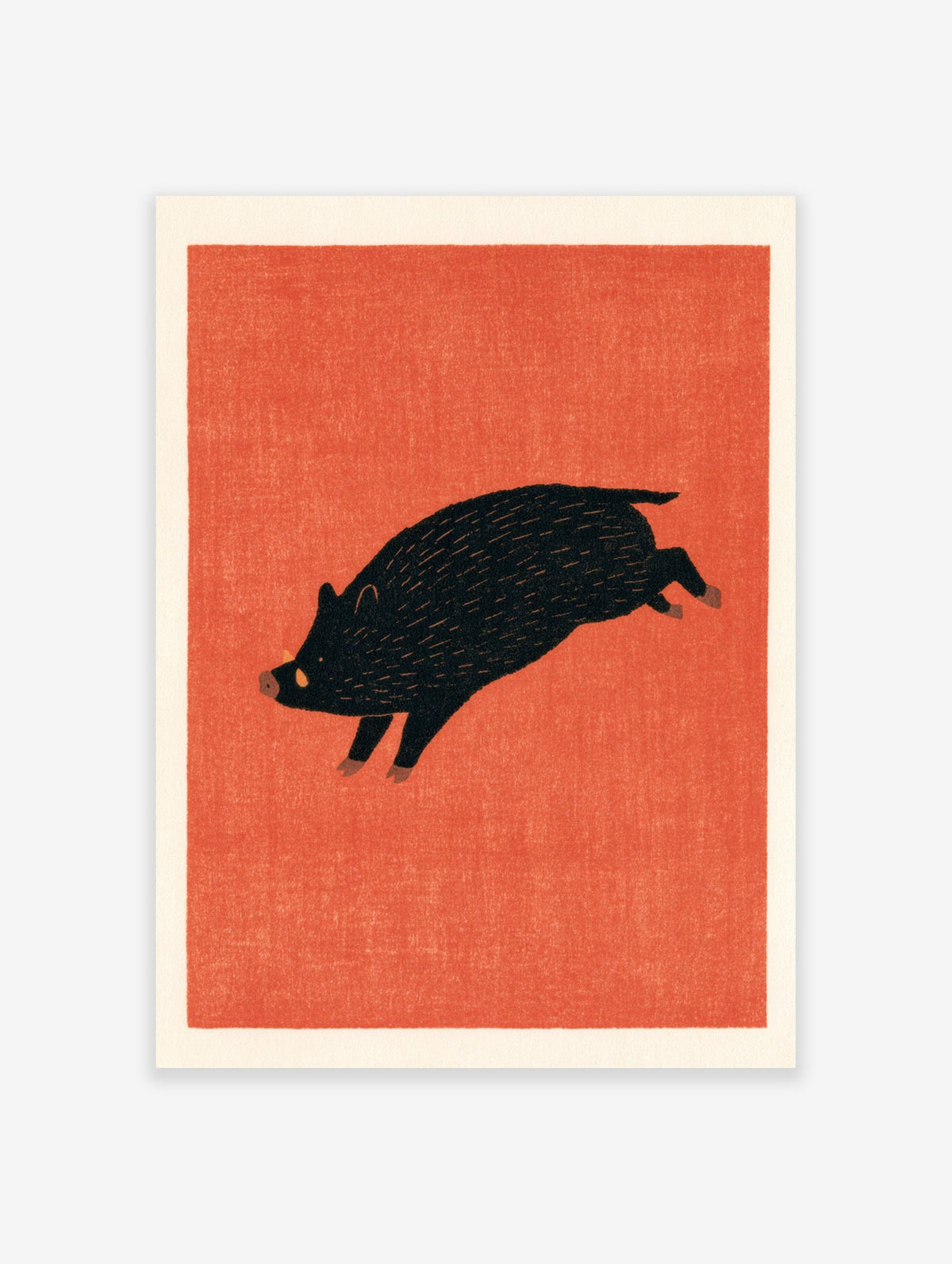 Illustrative jumping wild boar print with a dark body on a solid orange background