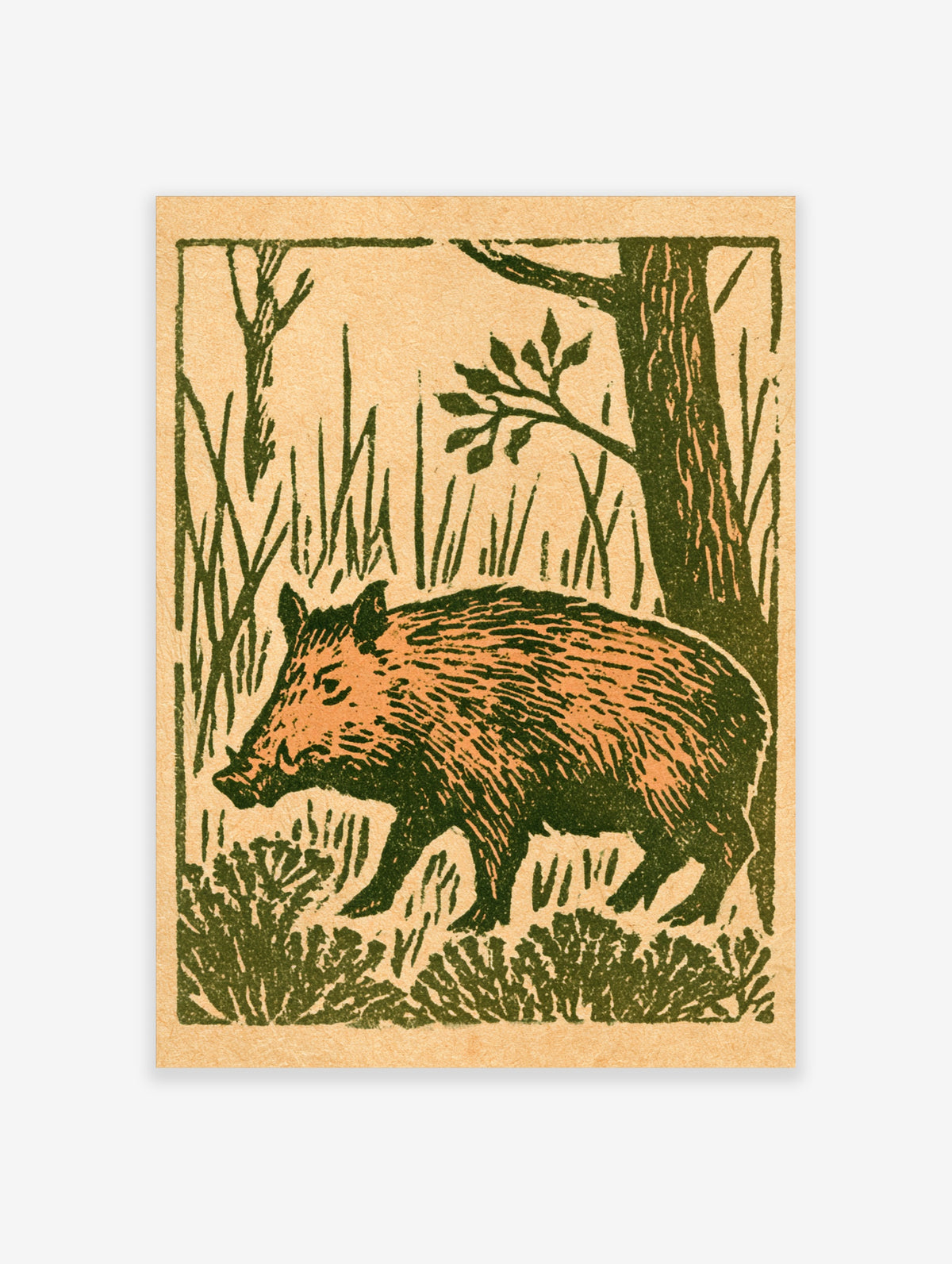 Wild boar woodcut poster in olive green and tan, boar standing in a forest clearing with grass and a tree trunk