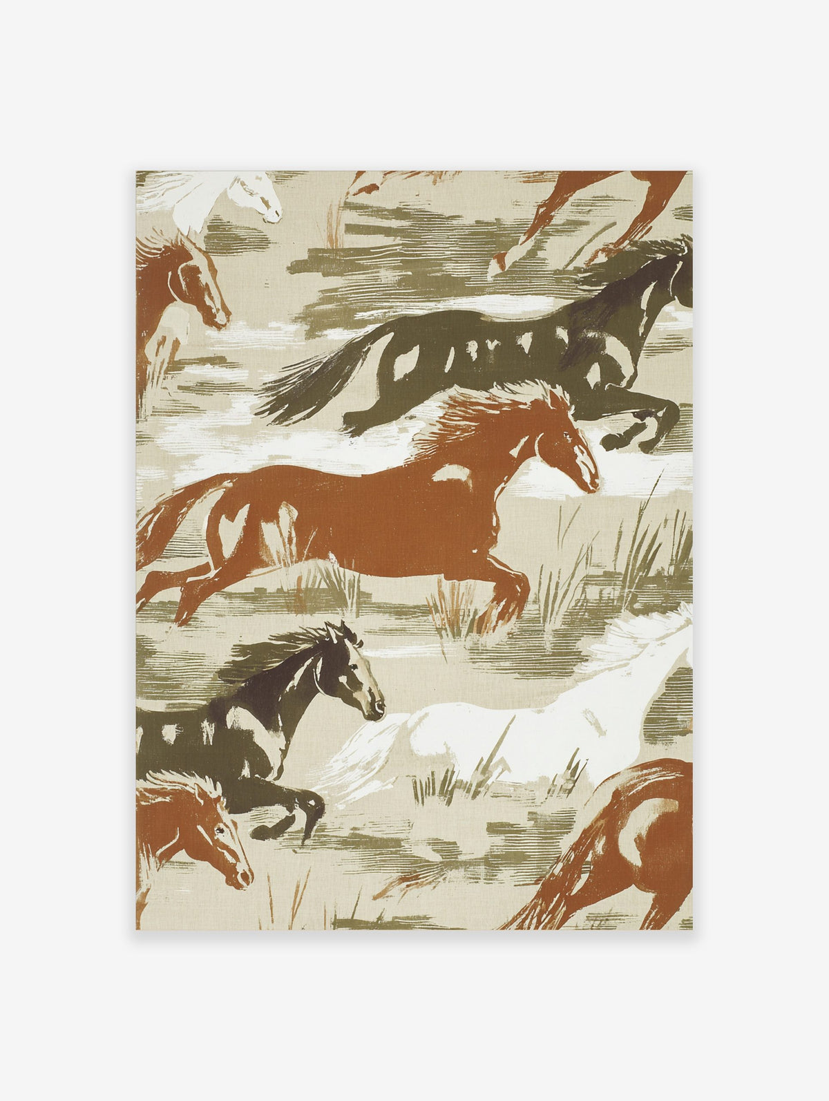 Illustrative print of wild horses galloping in brown, white, and dark green tones on a beige background