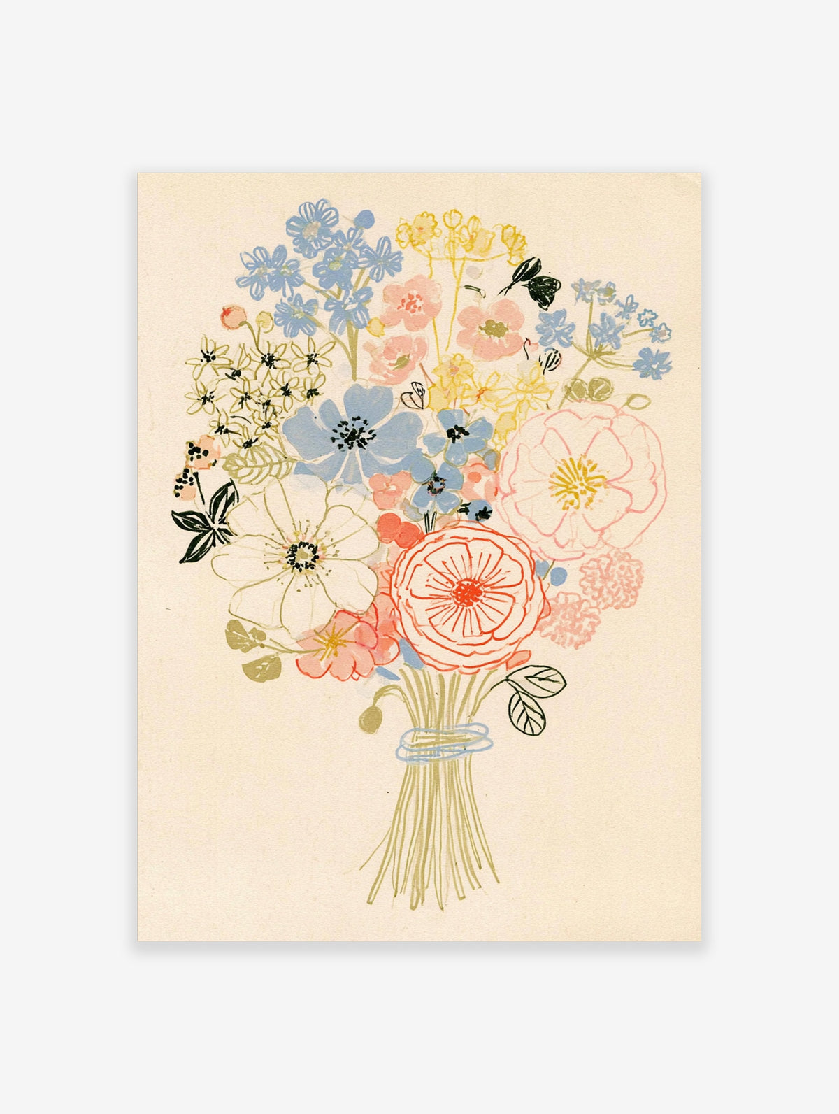 Wildflower bouquet botanical illustration art print with blue, pink, and white flowers tied by a blue ribbon