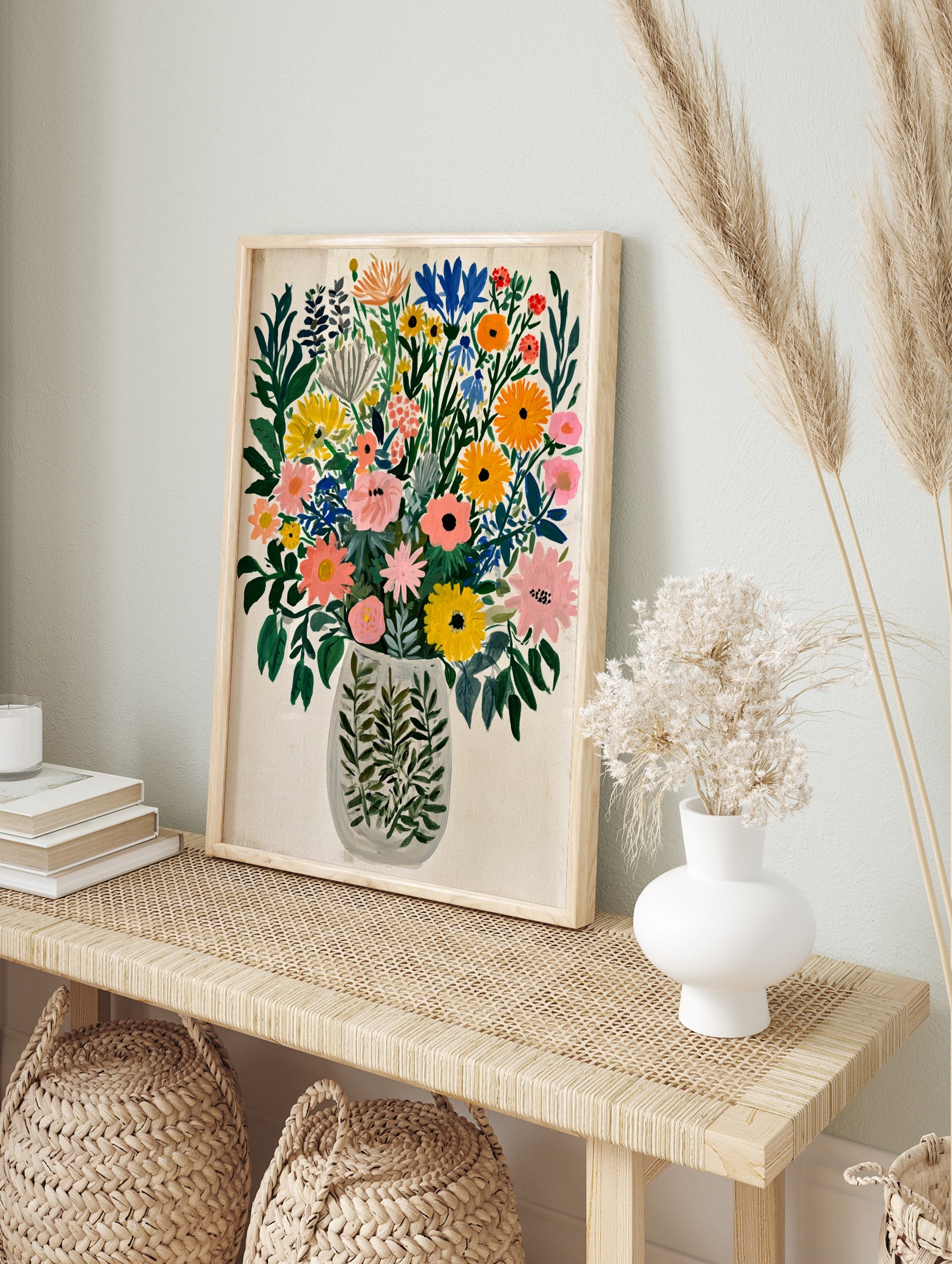 Colourful wildflower bouquet painting in a patterned vase on white background, in an alternate framed mockup