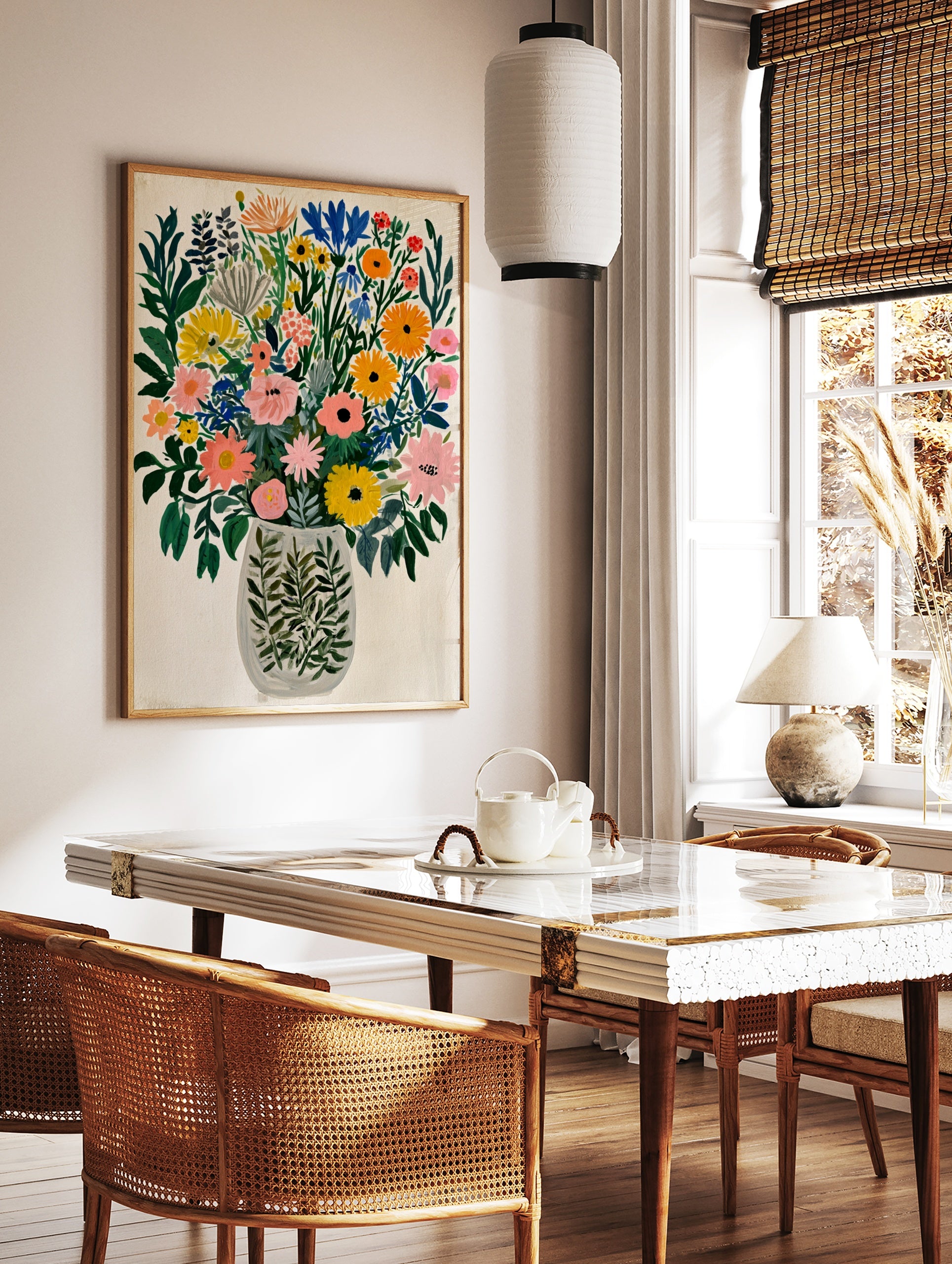 Colourful wildflower bouquet painting in a patterned vase on white background, in a styled room mockup