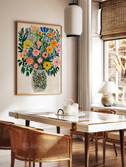 Colourful wildflower bouquet painting in a patterned vase on white background, in a styled room mockup