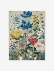 Wildflower garden art print with blue, yellow, red flowers, green leaves, and two chipmunks