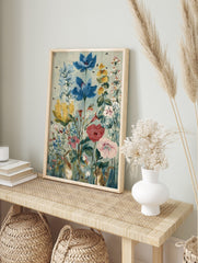 Wildflower garden art print with blue, yellow, red flowers, green leaves, and two chipmunks, in an alternate framed mockup
