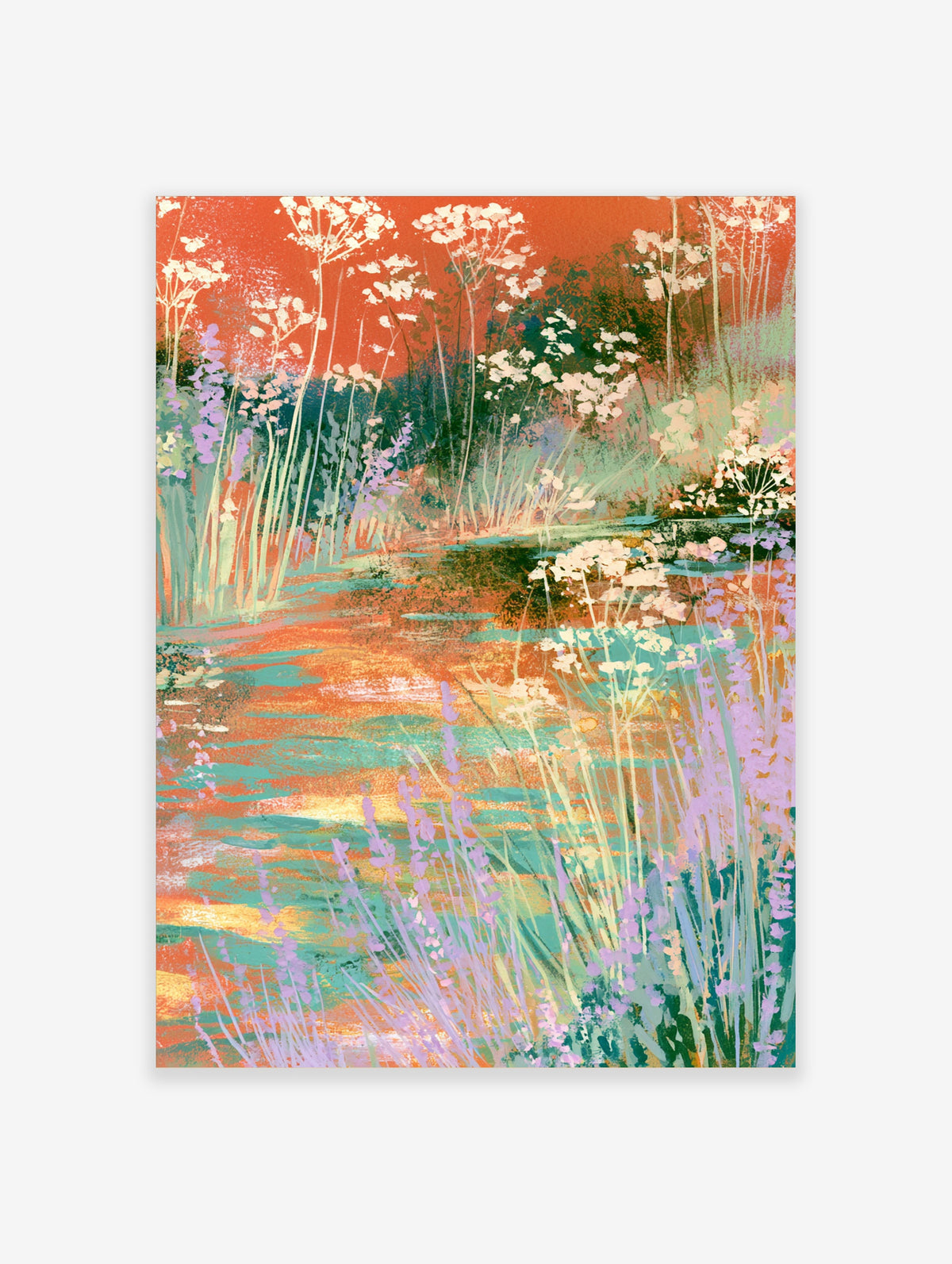 Wildflower meadow art print with white umbels, purple lupins, and teal water reflections under an orange sky