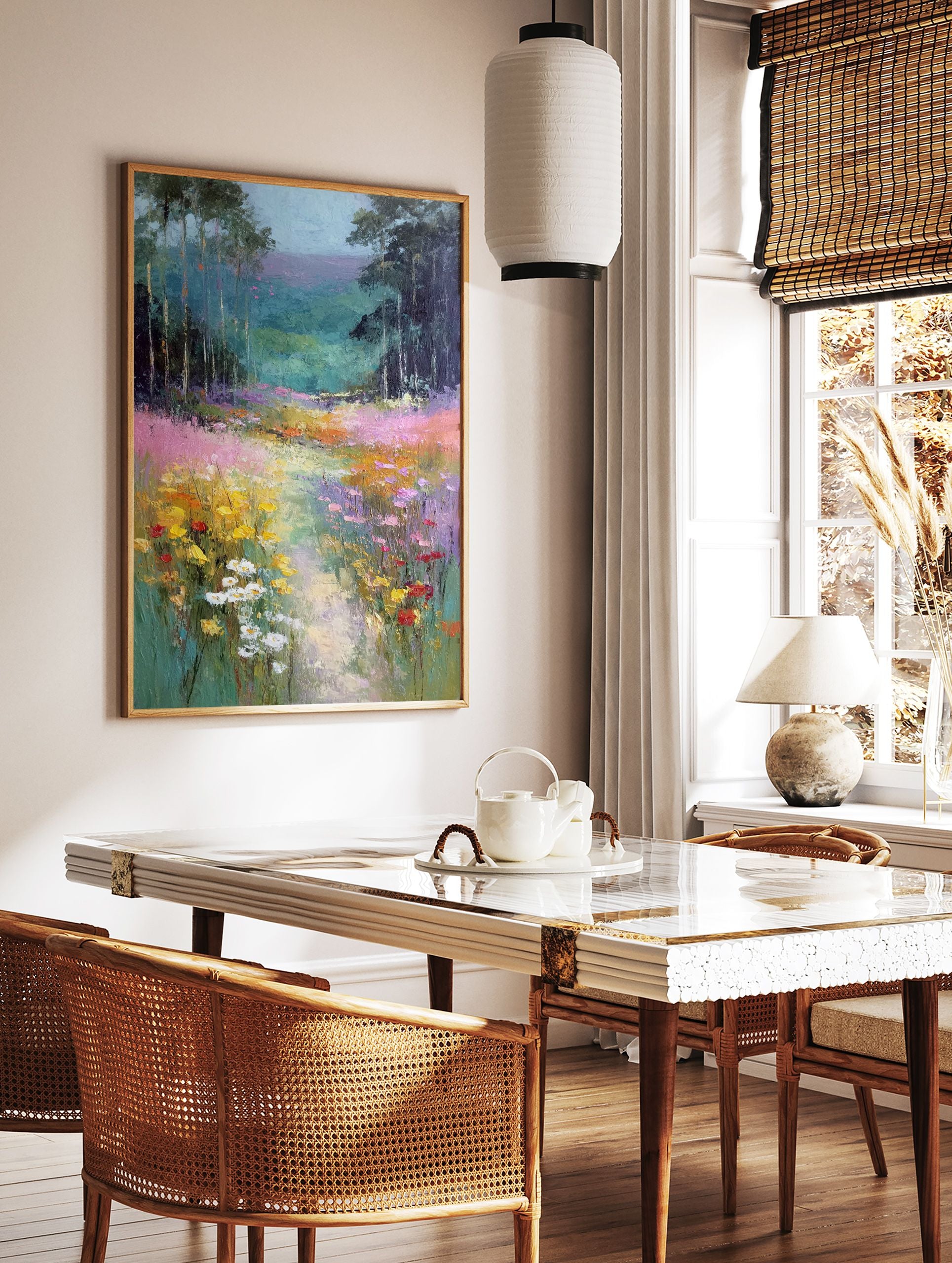 Impressionist painting of a vibrant wildflower meadow with a path leading through a forest of tall trees. - Image 2