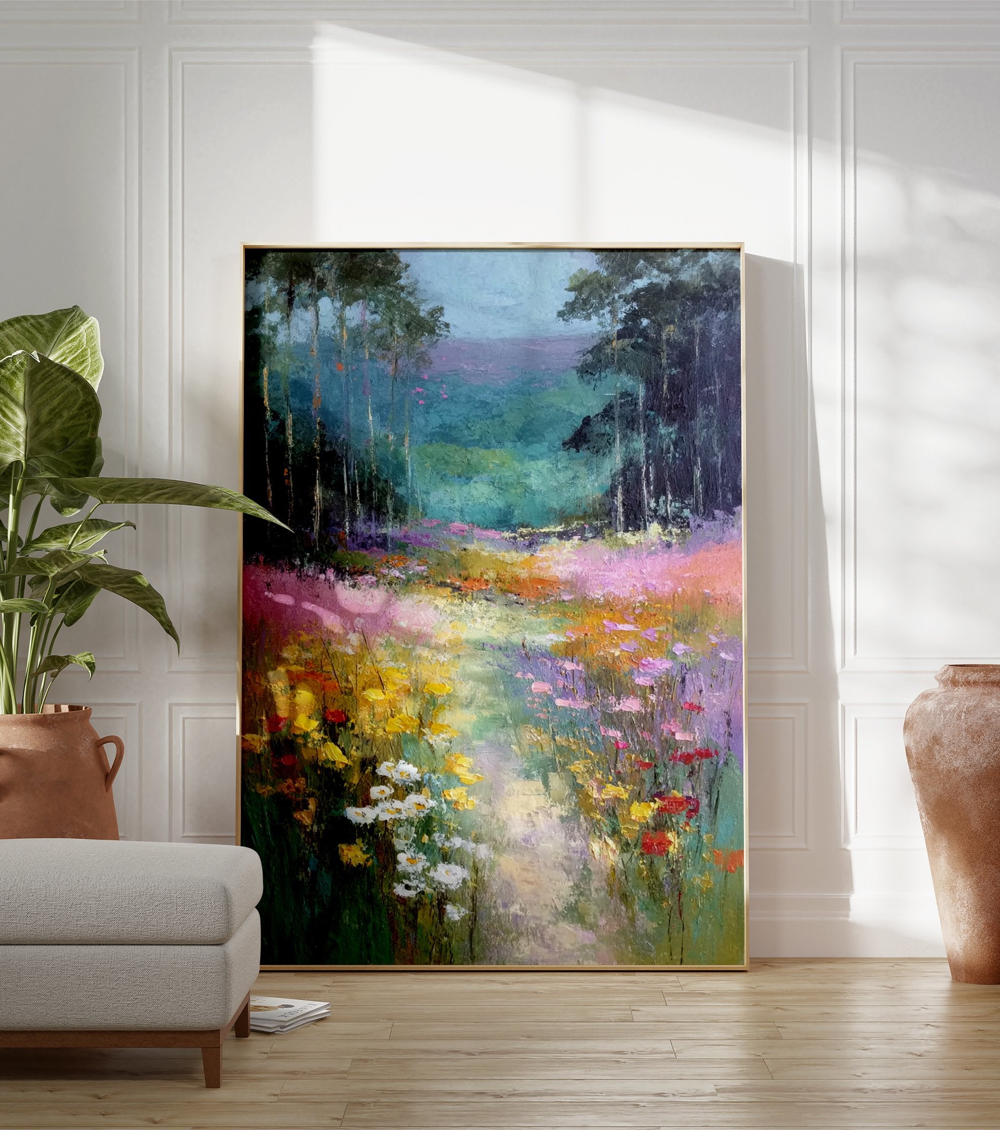 Impressionist painting of a vibrant wildflower meadow with a path leading through a forest of tall trees. - Image 3
