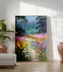 Impressionist painting of a vibrant wildflower meadow with a path leading through a forest of tall trees. - Image 3