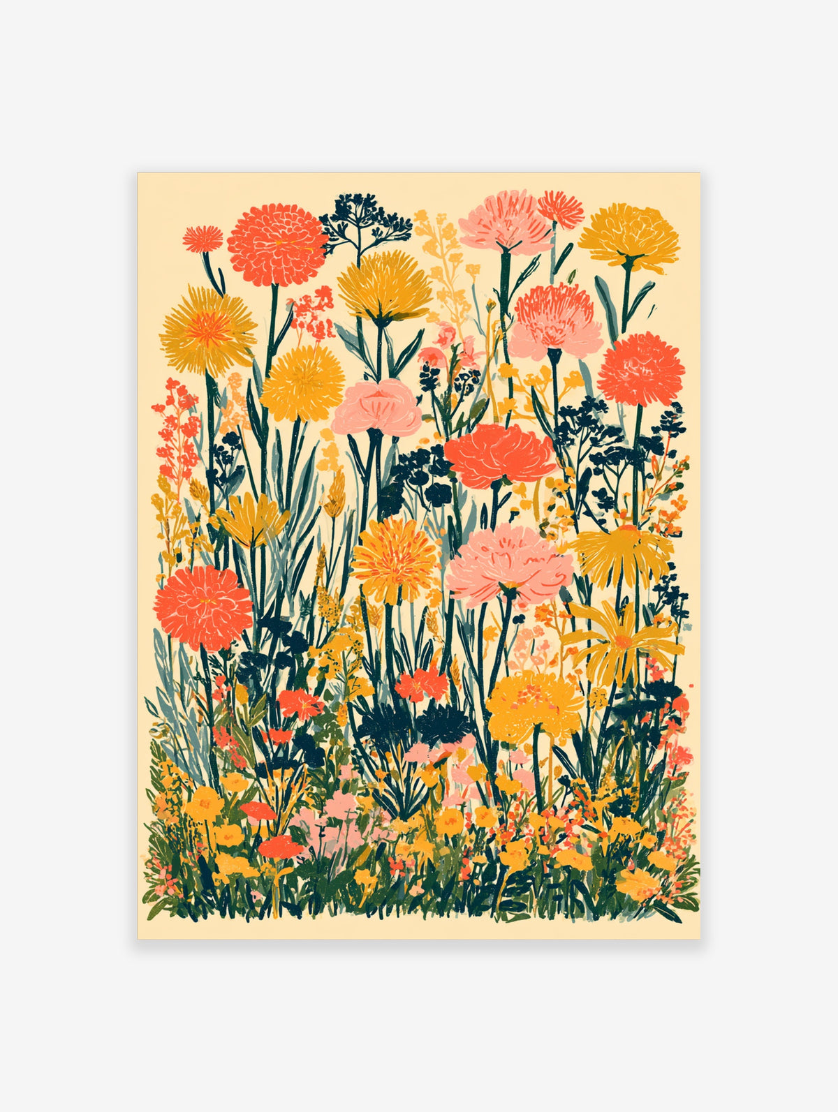 Colourful wildflower meadow poster with pink, yellow, and red flowers on a cream background